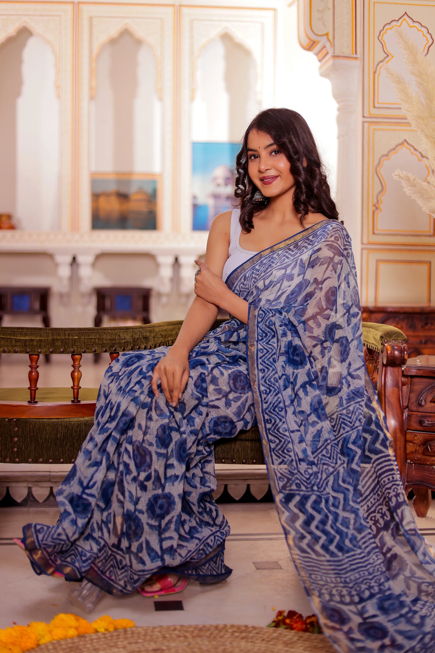Indigo Flower Block Printed Pure Kota Doria Saree