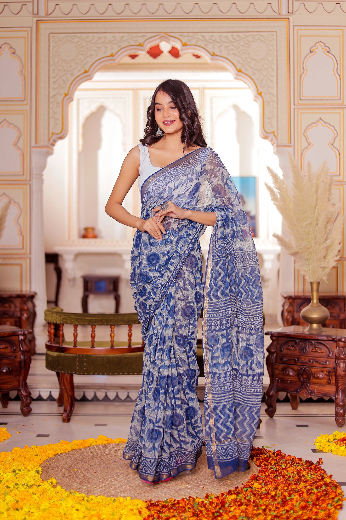 Indigo Flower Block Printed Pure Kota Doria Saree