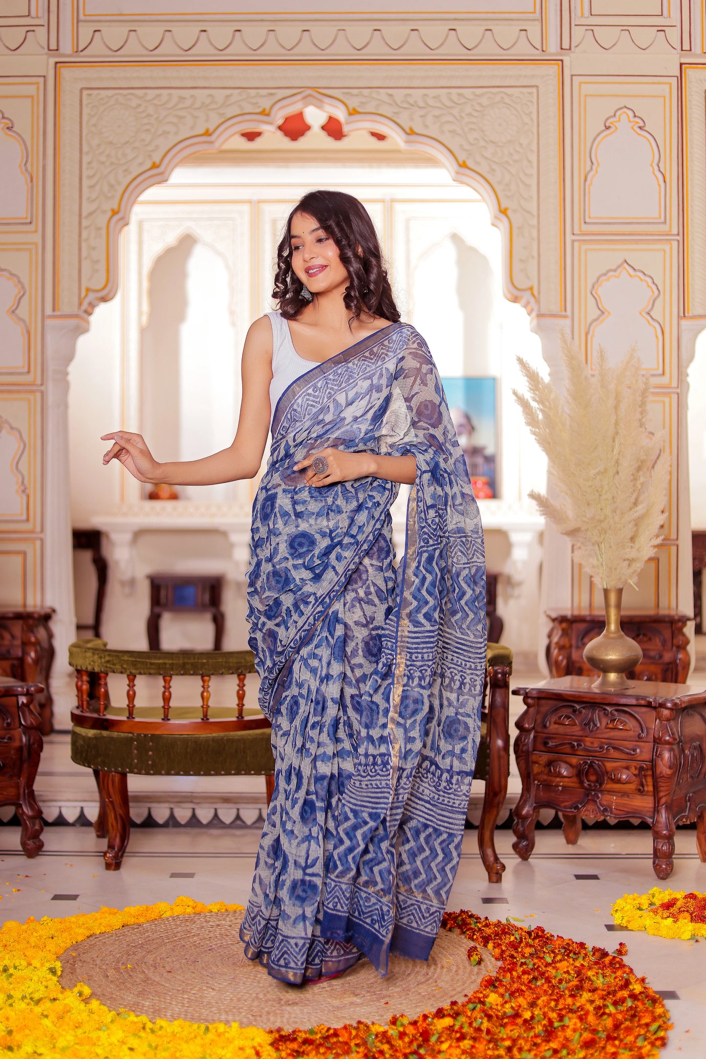 Indigo Flower Block Printed Pure Kota Doria Saree