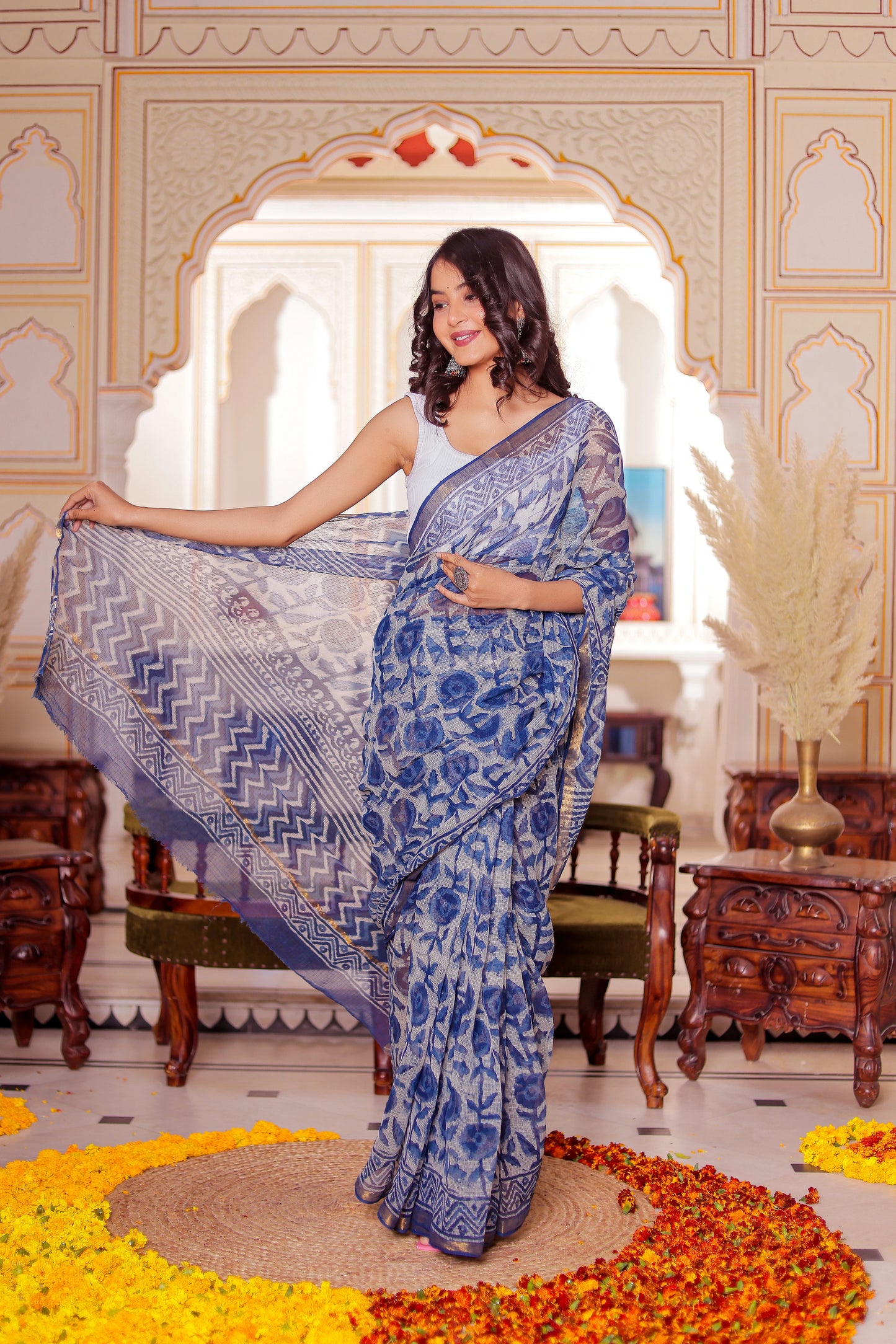 Indigo Flower Block Printed Pure Kota Doria Saree