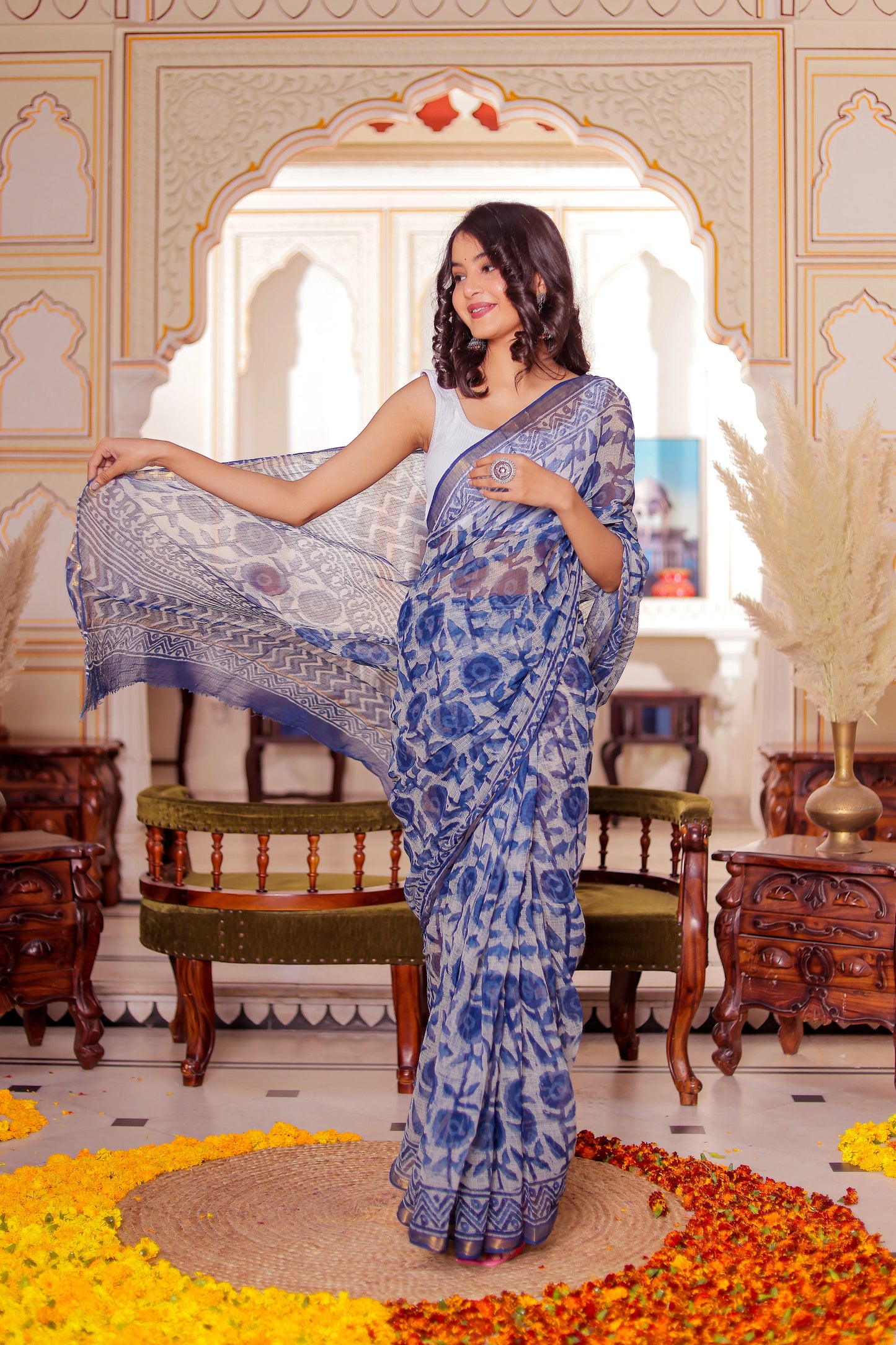 Indigo Flower Block Printed Pure Kota Doria Saree