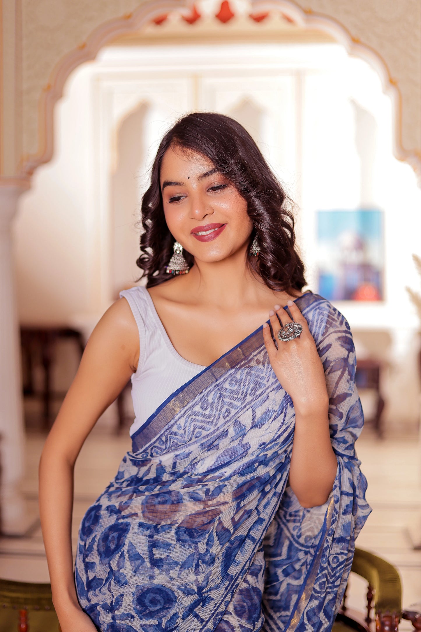Indigo Flower Block Printed Pure Kota Doria Saree