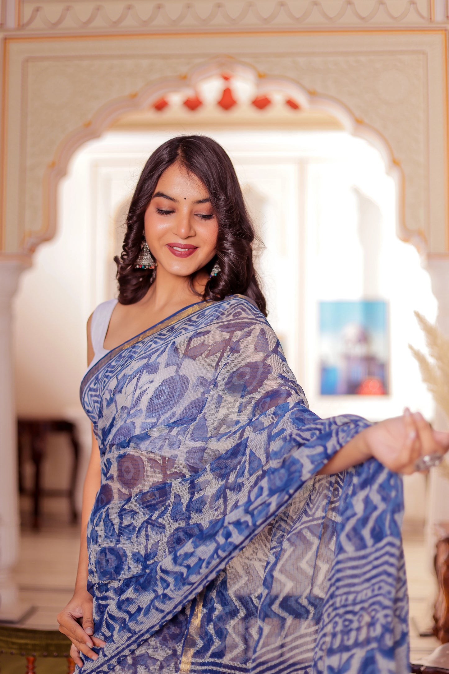 Indigo Flower Block Printed Pure Kota Doria Saree