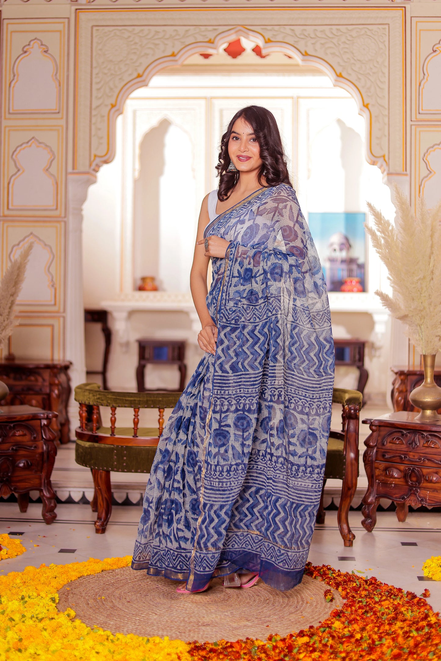 Indigo Flower Block Printed Pure Kota Doria Saree