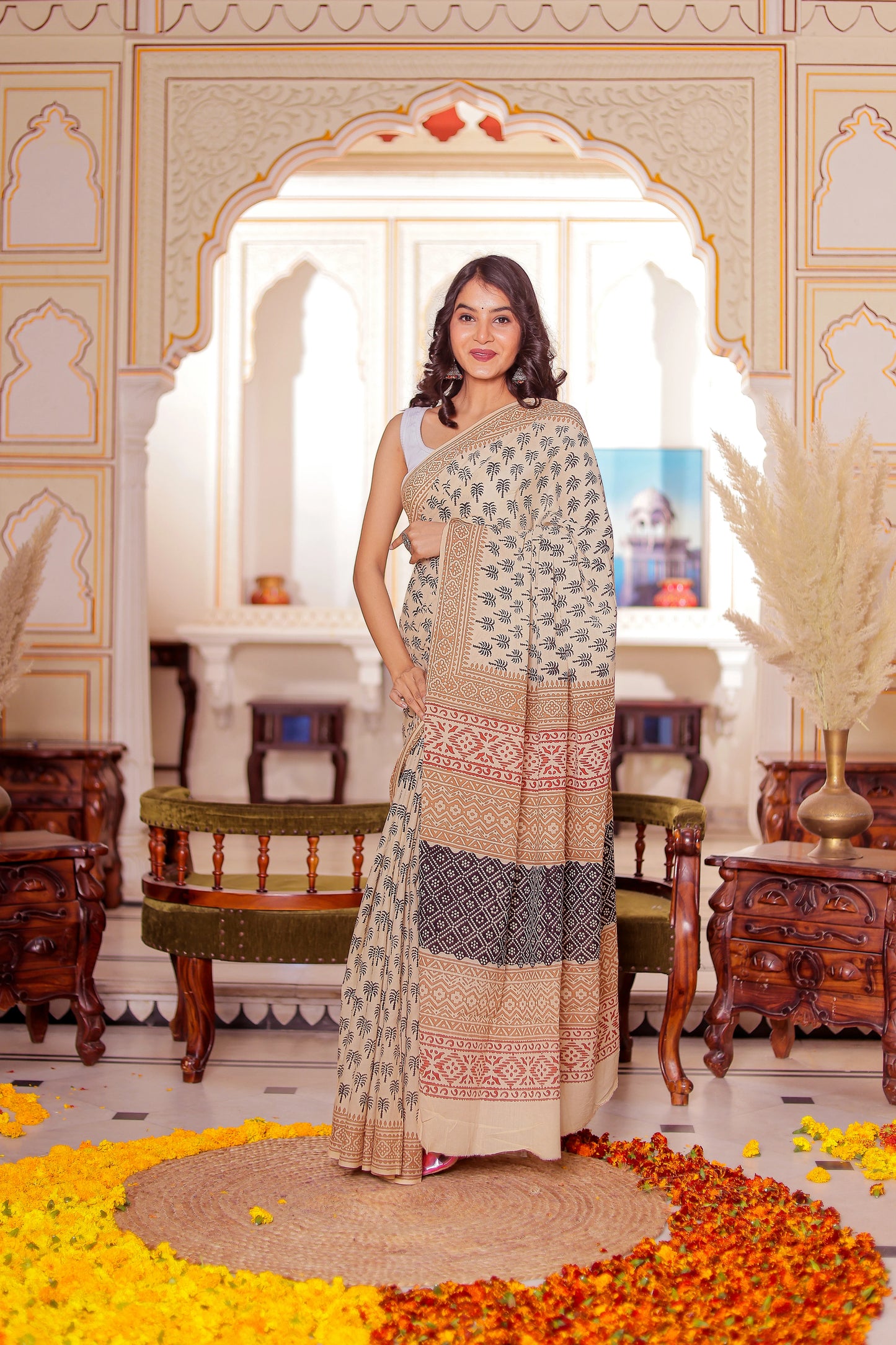 Khajur booti Bagru Bagh Block Print Pure Cotton Saree