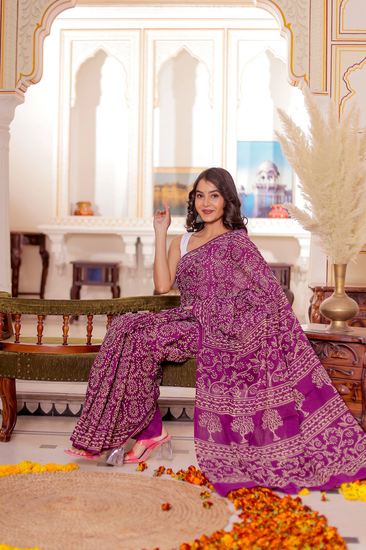 Purple Jaal Block Print Pure Cotton Saree