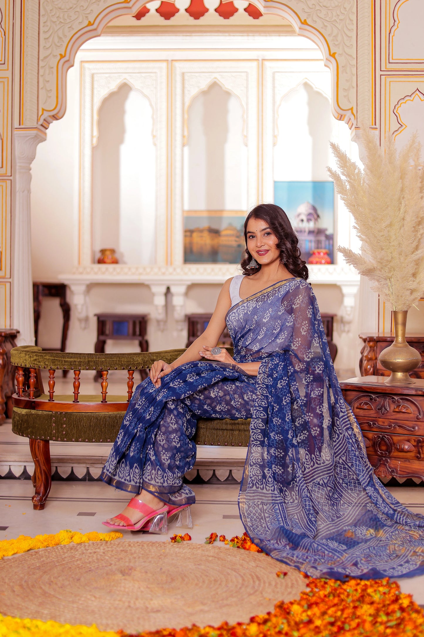 Indigo Booti Pure Kota Doria Block Printed saree