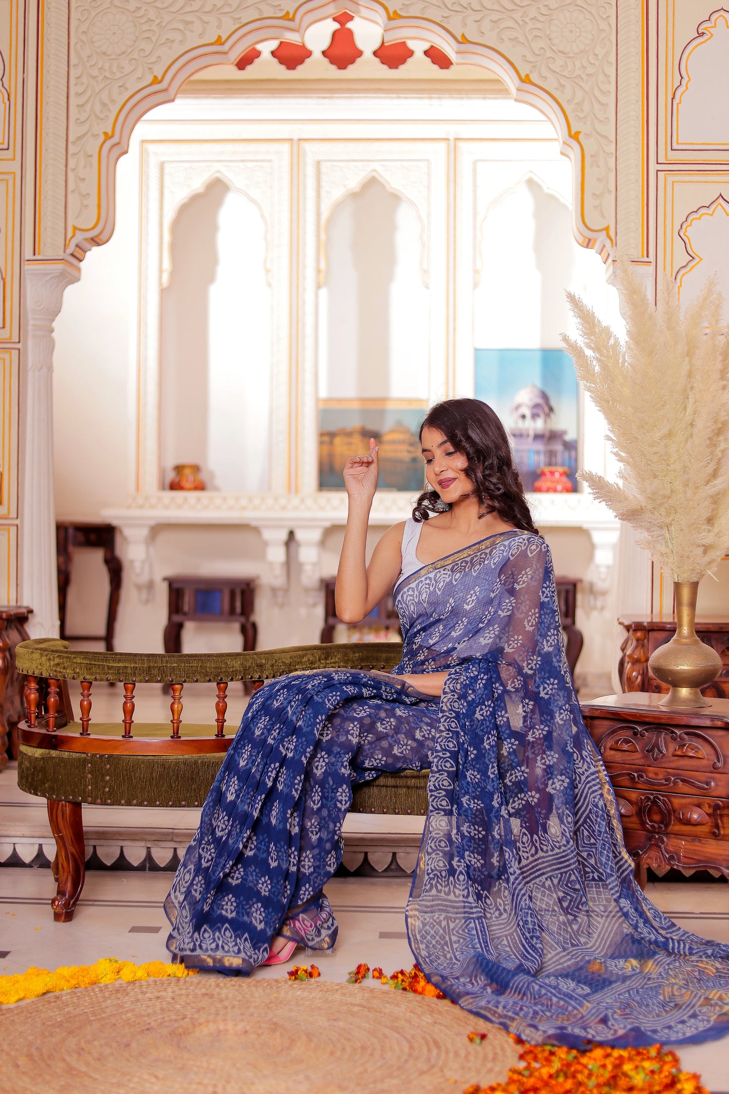 Indigo Booti Pure Kota Doria Block Printed saree