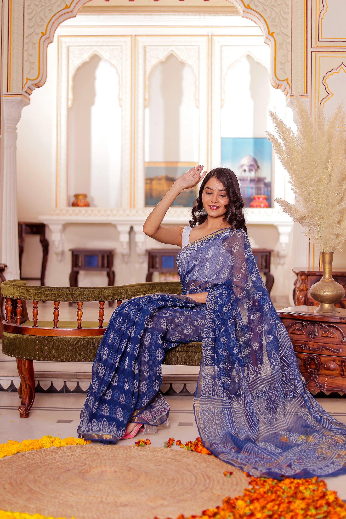 Indigo Booti Pure Kota Doria Block Printed saree
