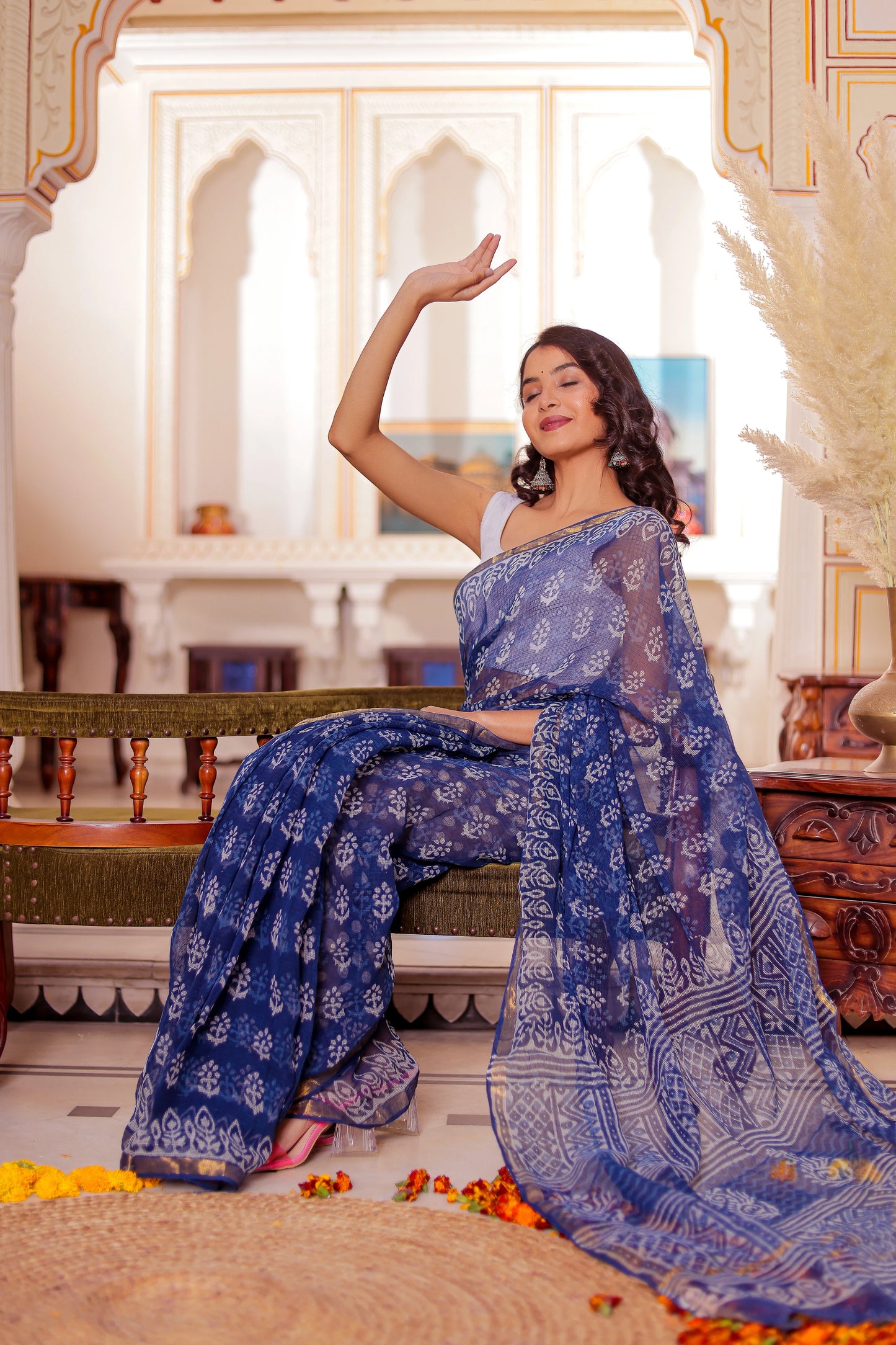 Indigo Booti Pure Kota Doria Block Printed saree