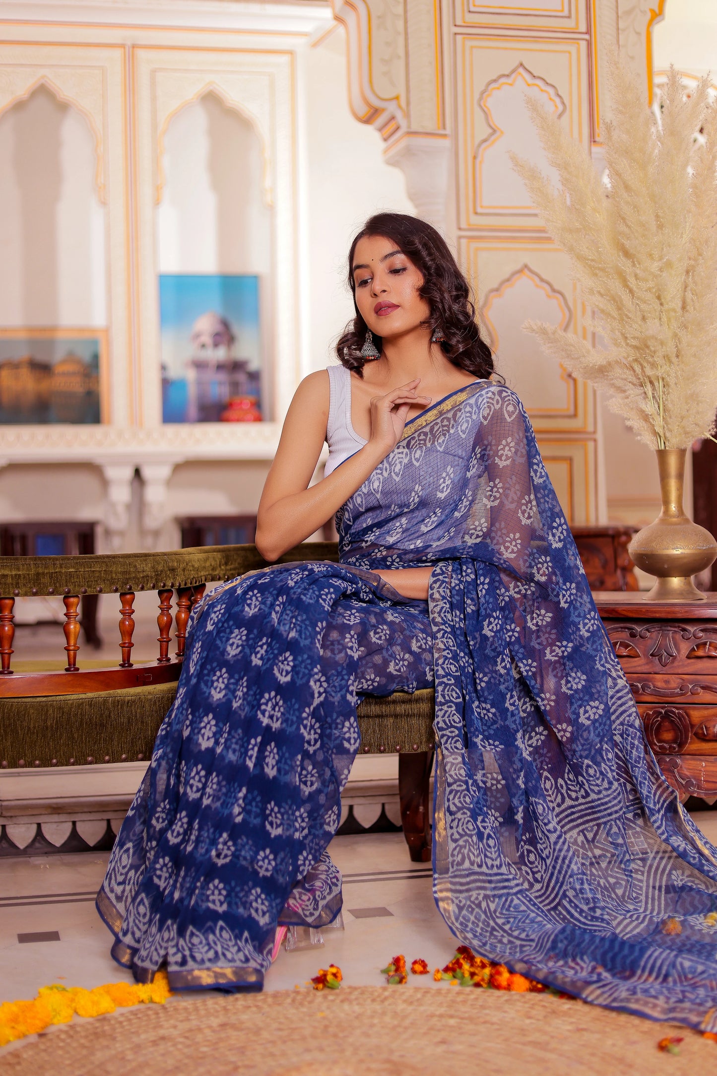 Indigo Booti Pure Kota Doria Block Printed saree
