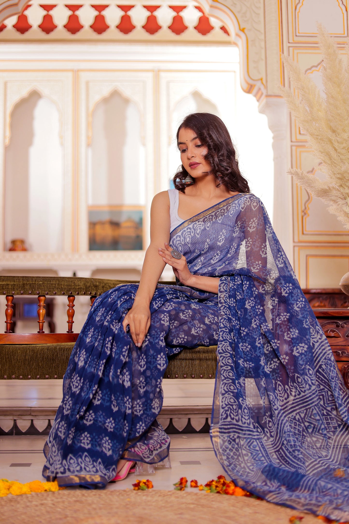 Indigo Booti Pure Kota Doria Block Printed saree