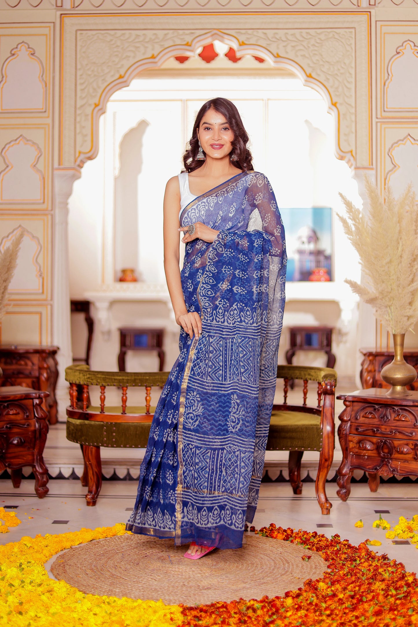 Indigo Booti Pure Kota Doria Block Printed saree