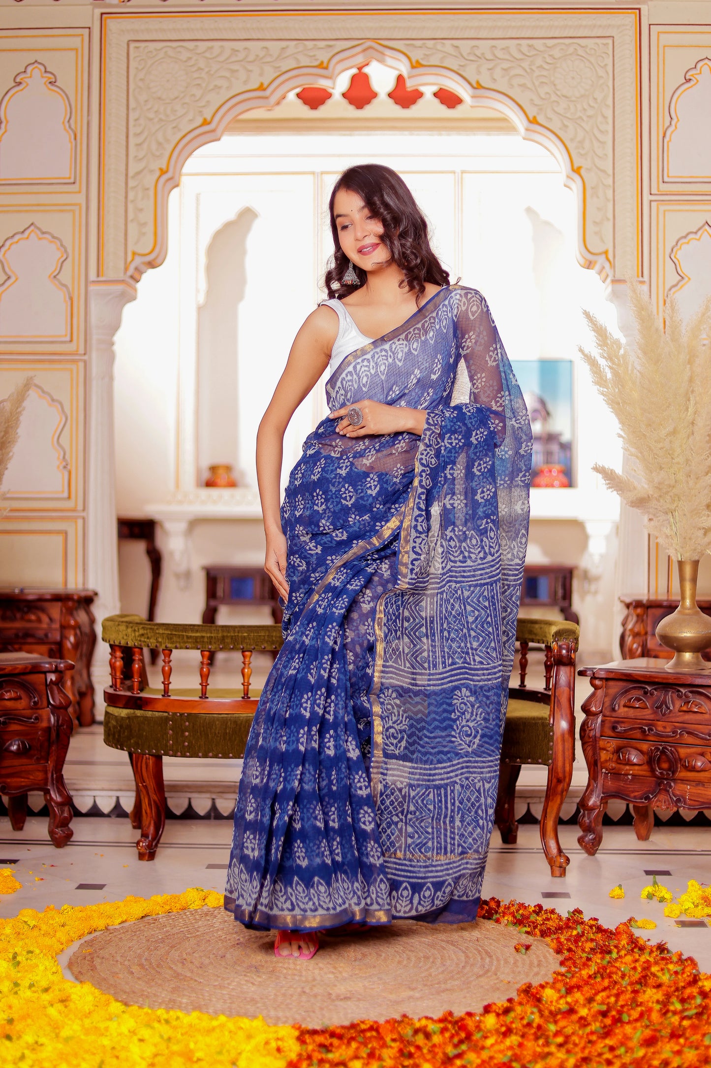 Indigo Booti Pure Kota Doria Block Printed saree