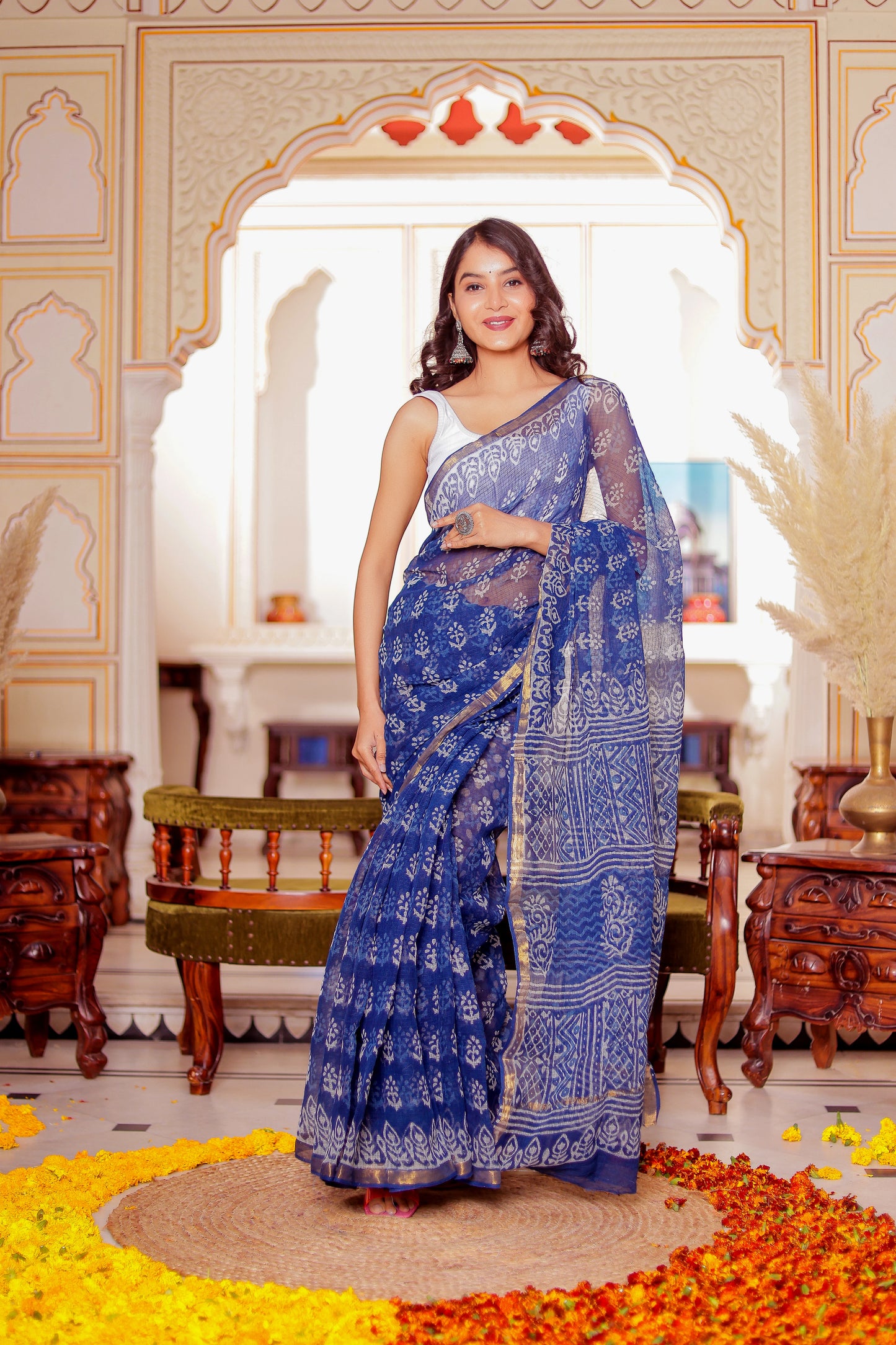 Indigo Booti Pure Kota Doria Block Printed saree