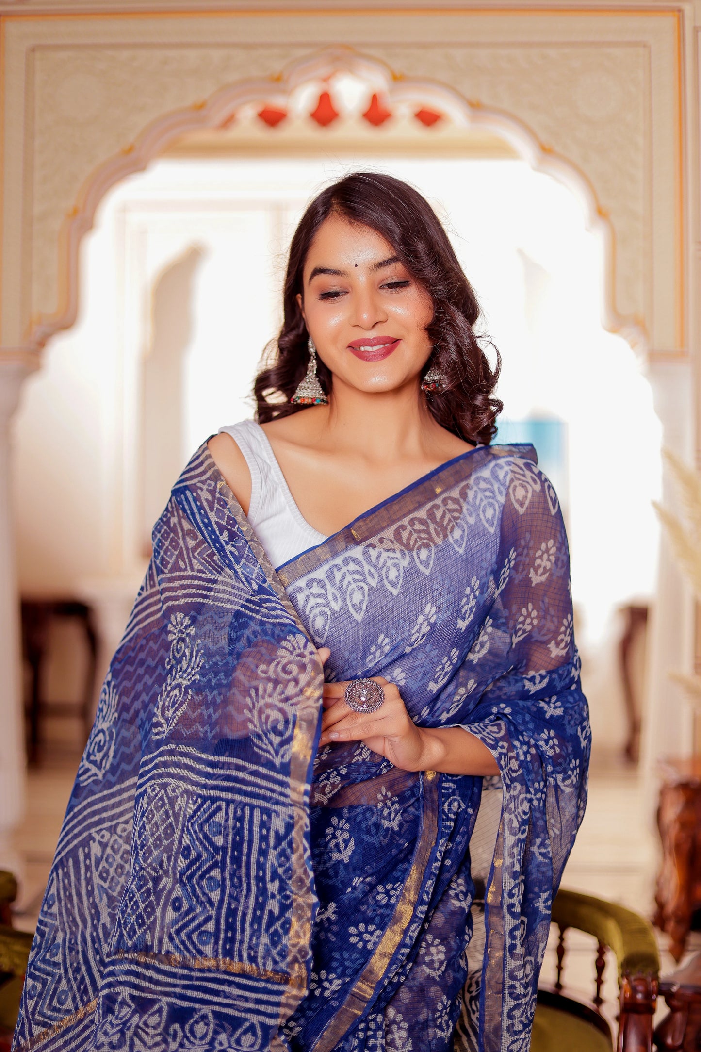 Indigo Booti Pure Kota Doria Block Printed saree