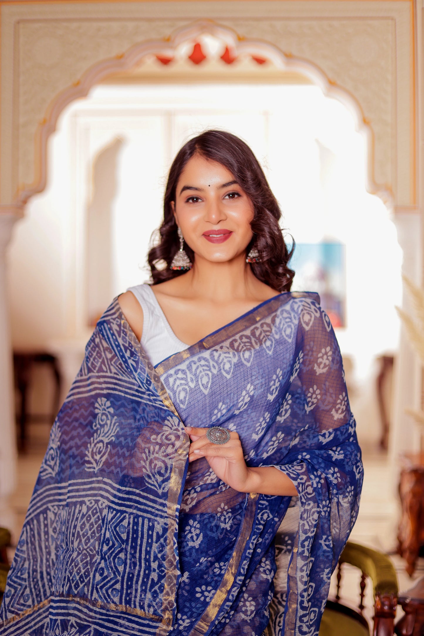 Indigo Booti Pure Kota Doria Block Printed saree