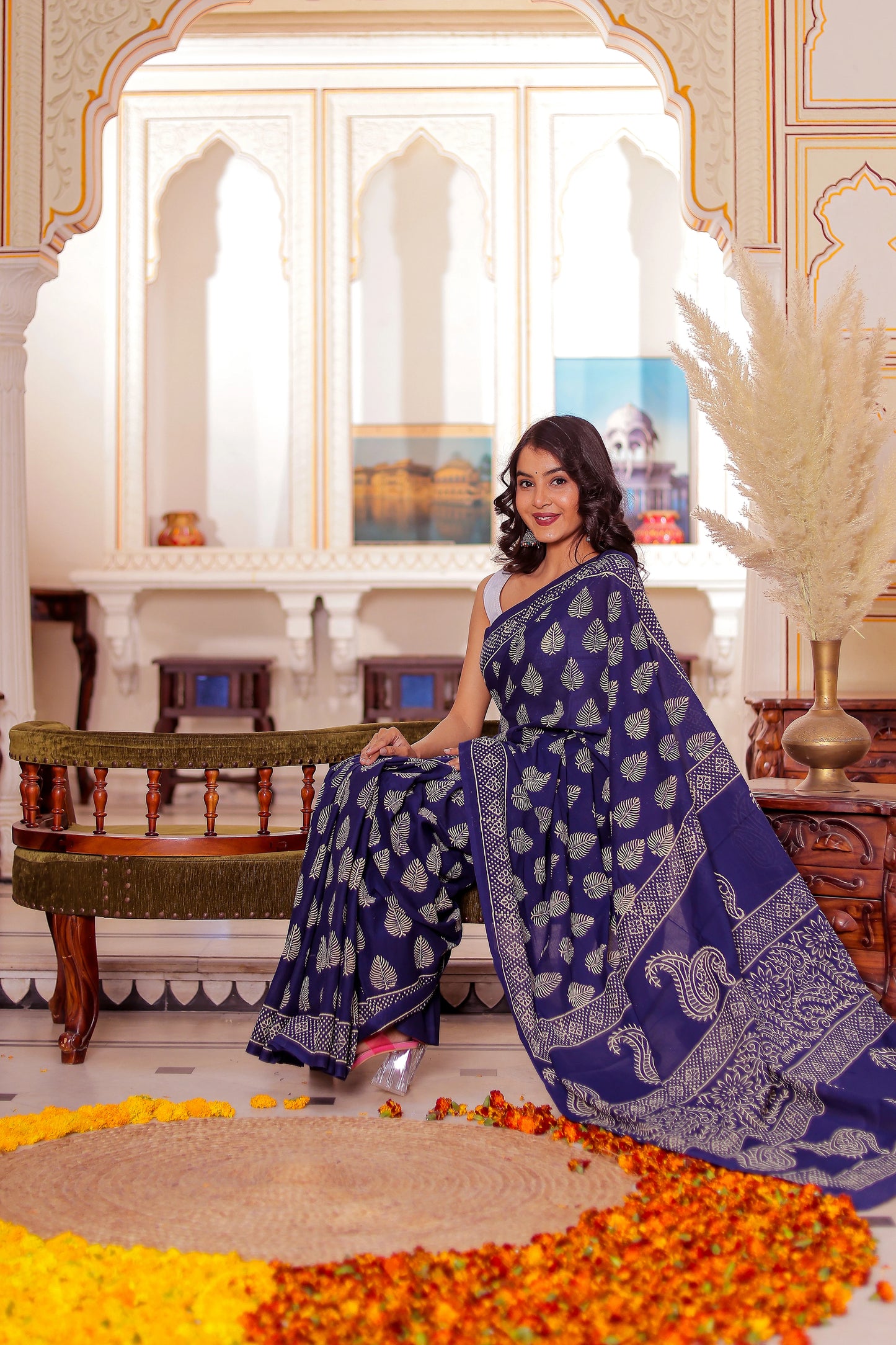 Dark blue Booti Block Print Pure Cotton Saree