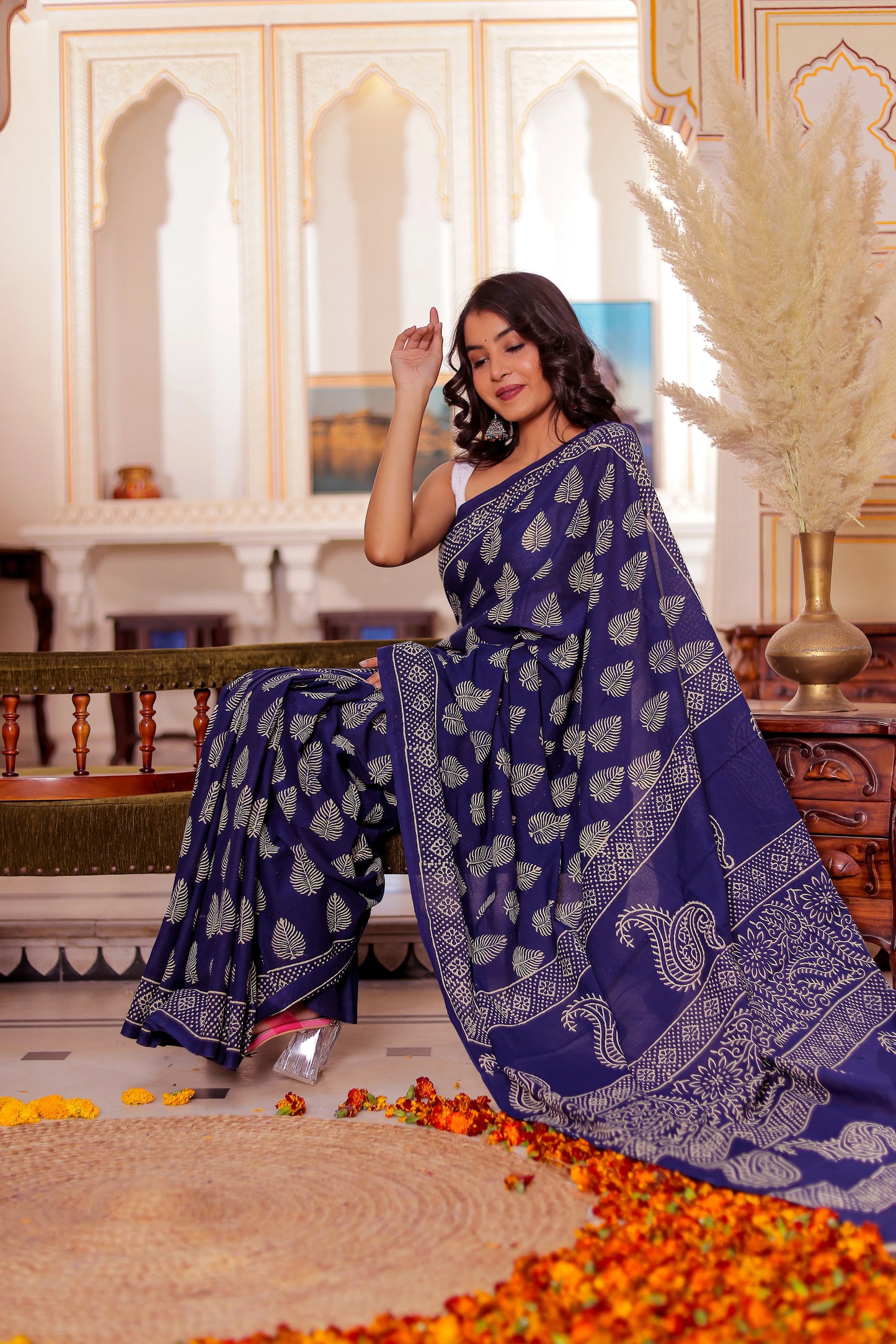 Dark blue Booti Block Print Pure Cotton Saree