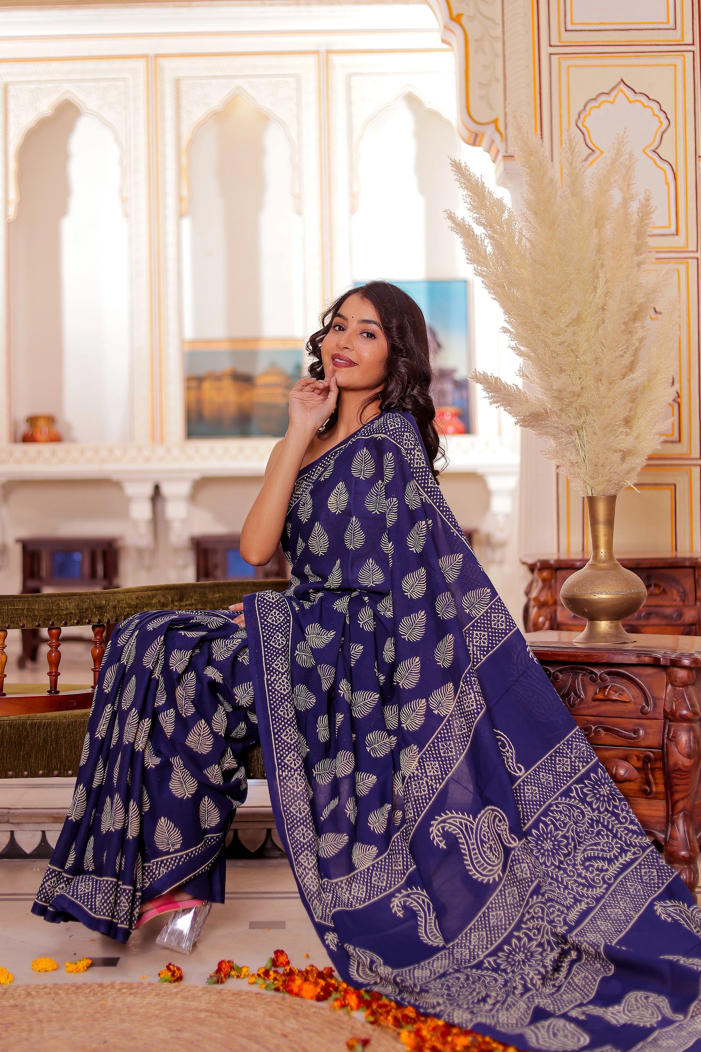 Dark blue Booti Block Print Pure Cotton Saree