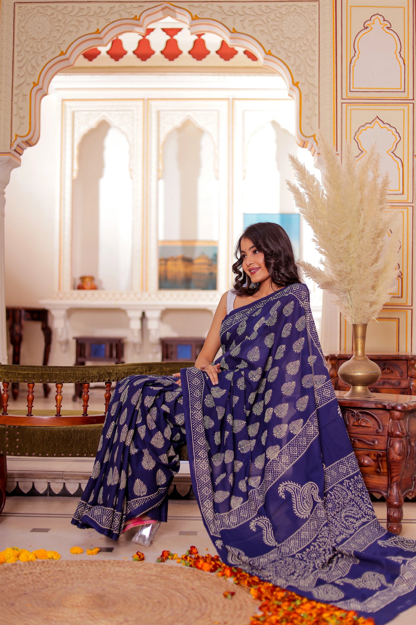 Dark blue Booti Block Print Pure Cotton Saree