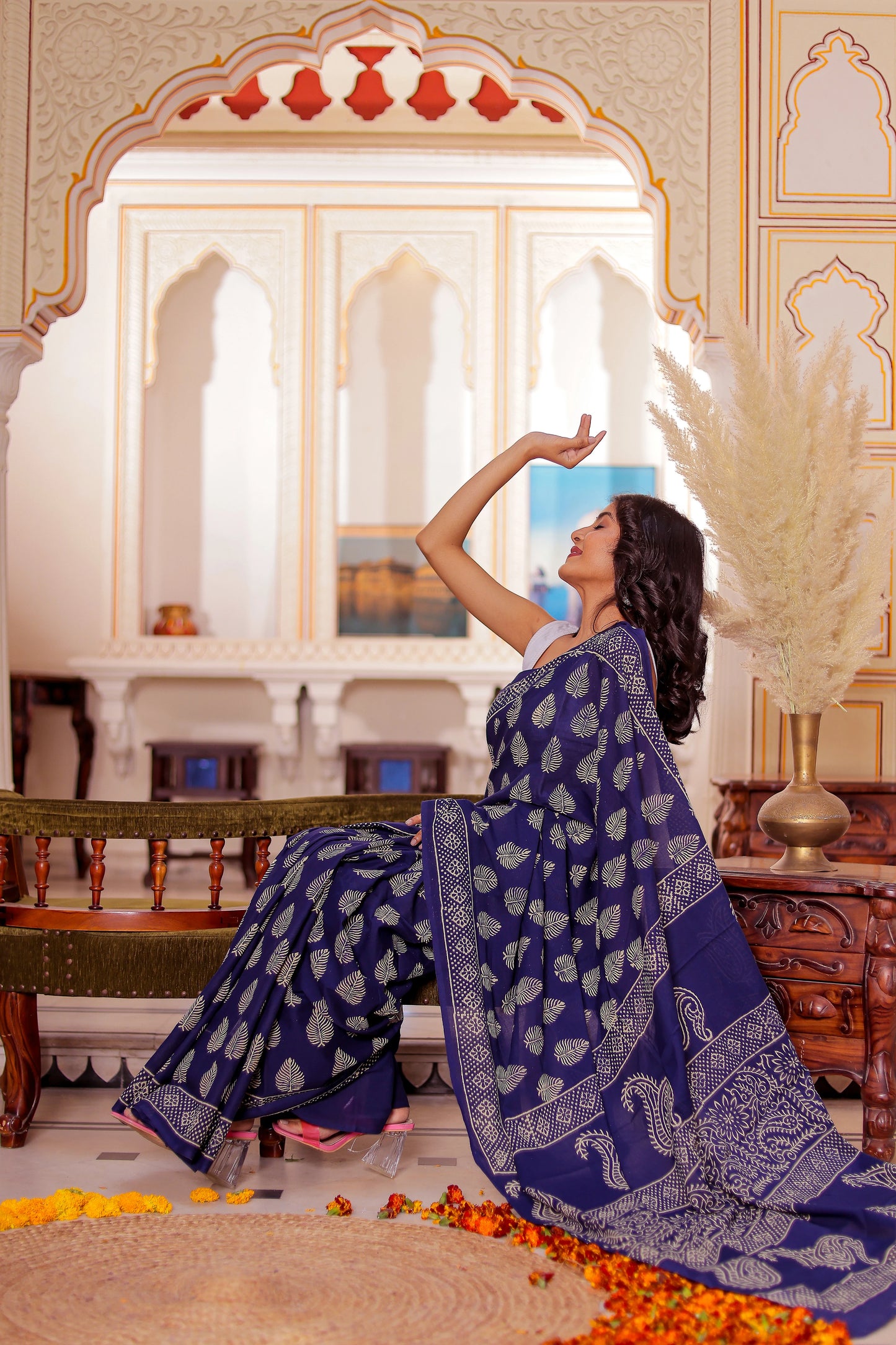 Dark blue Booti Block Print Pure Cotton Saree