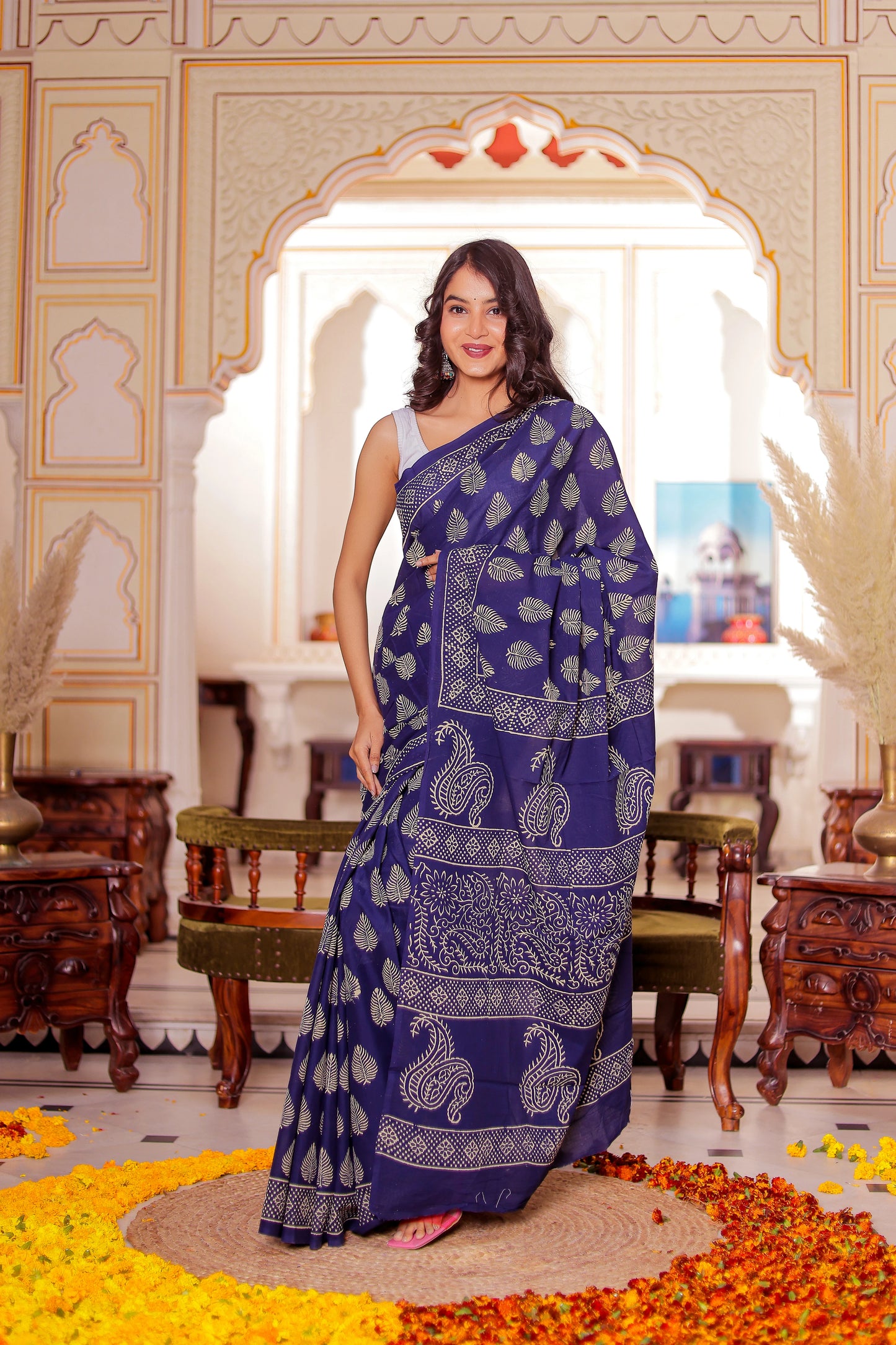Dark blue Booti Block Print Pure Cotton Saree