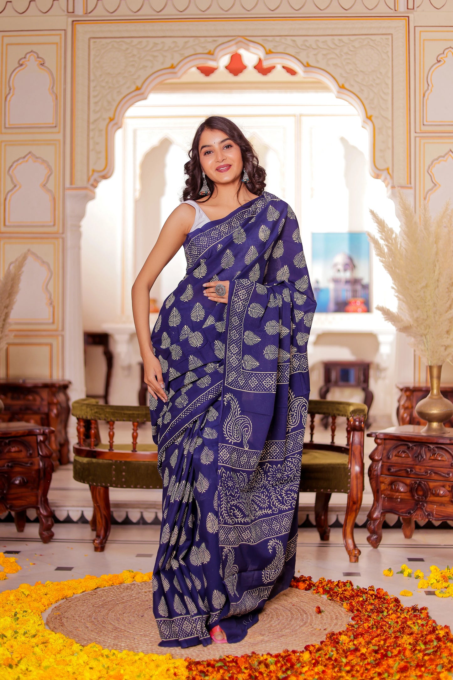 Dark blue Booti Block Print Pure Cotton Saree
