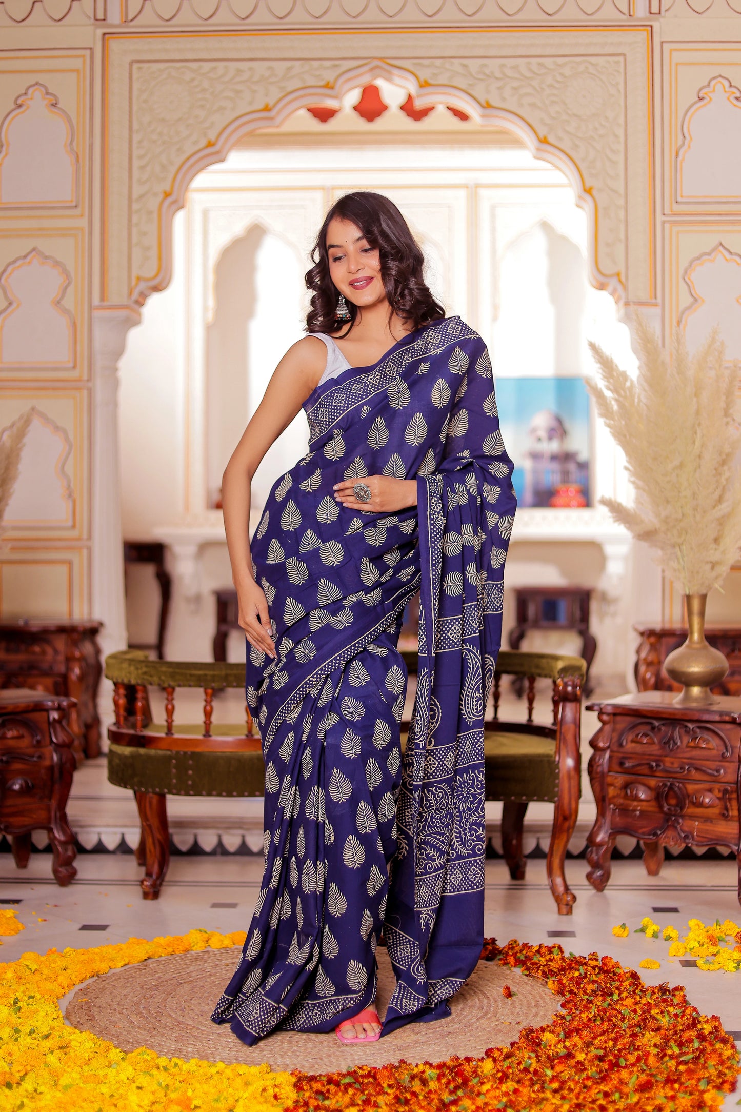 Dark blue Booti Block Print Pure Cotton Saree