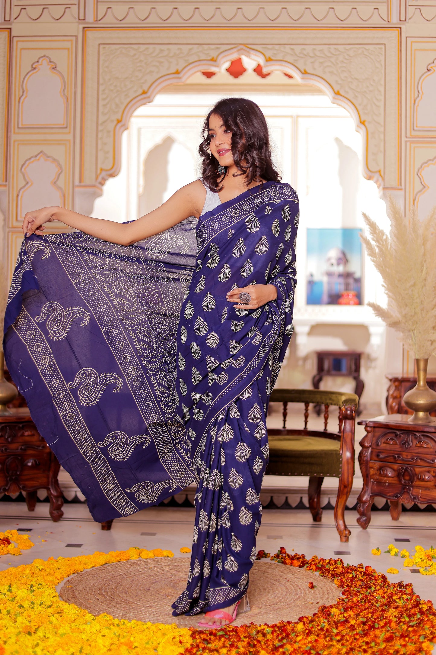 Dark blue Booti Block Print Pure Cotton Saree