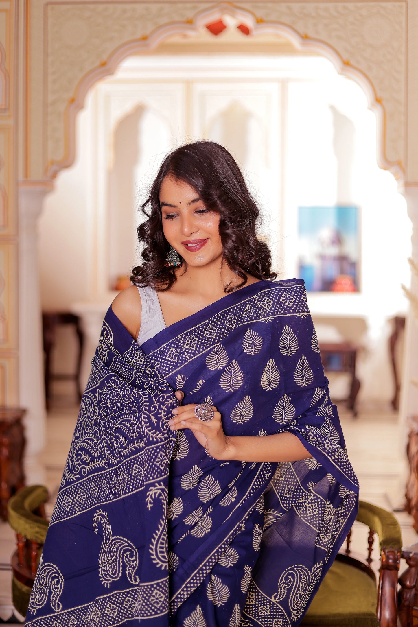 Dark blue Booti Block Print Pure Cotton Saree