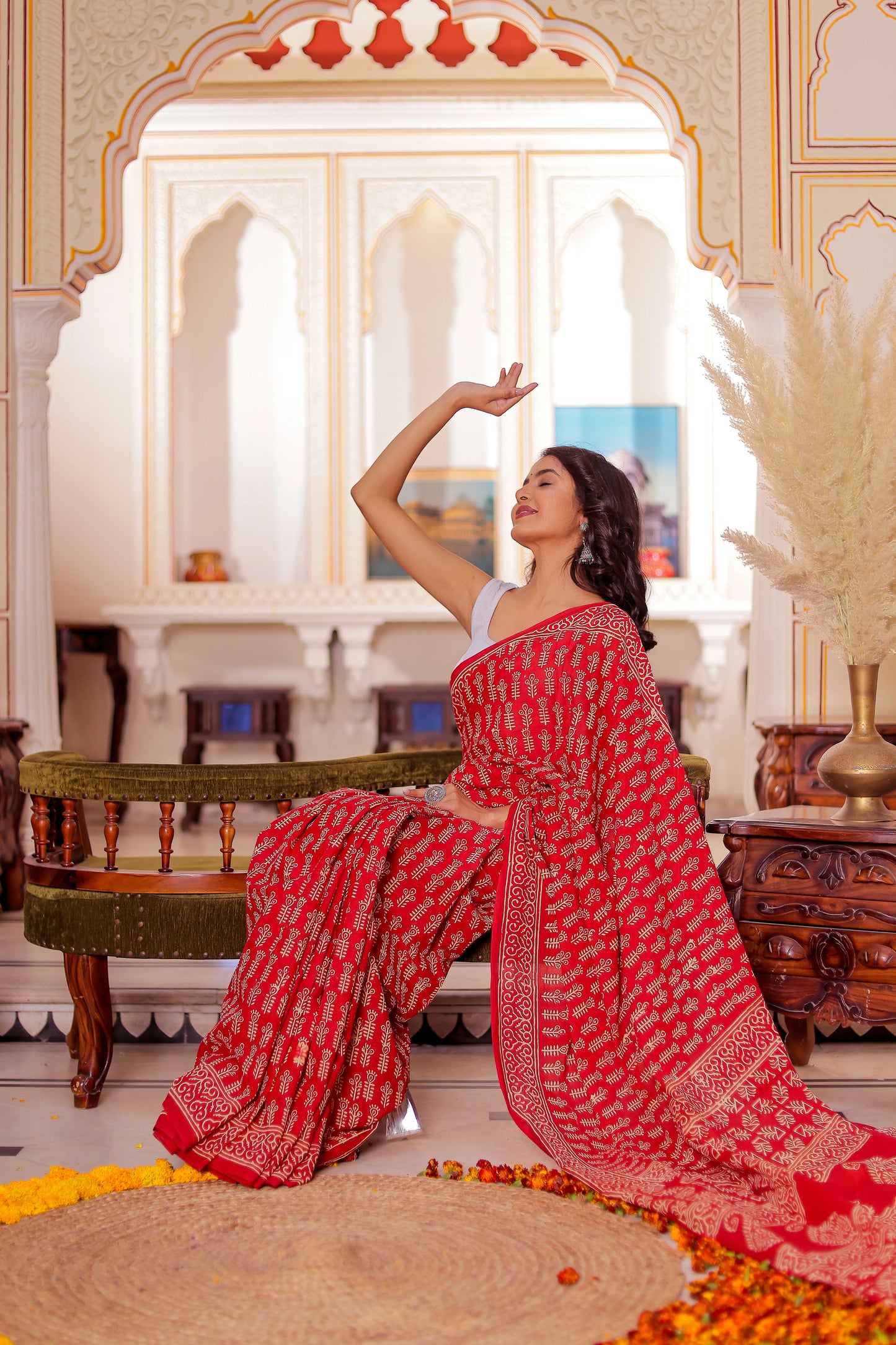 Red Booti Block Print Pure Cotton Saree