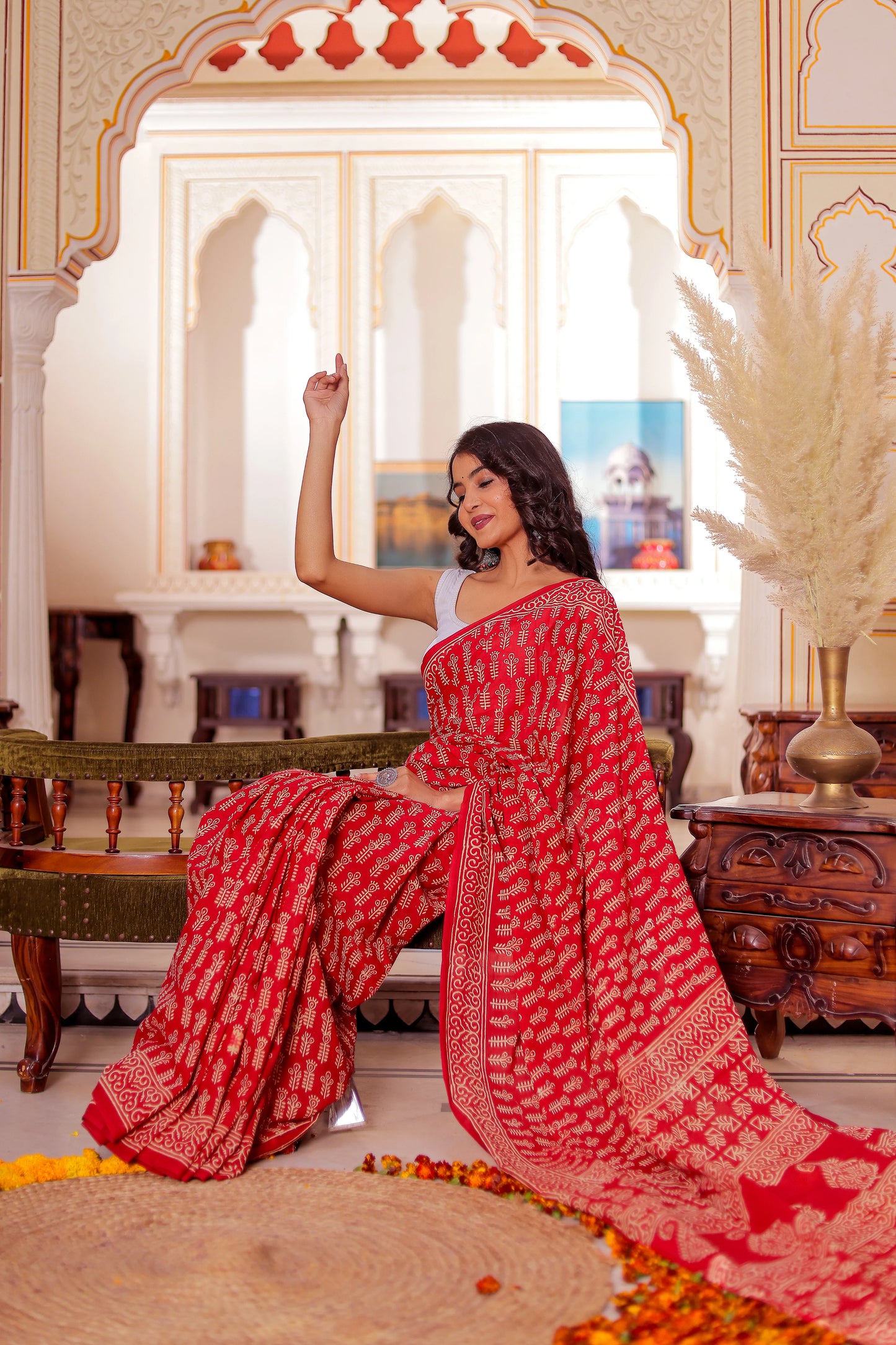 Red Booti Block Print Pure Cotton Saree