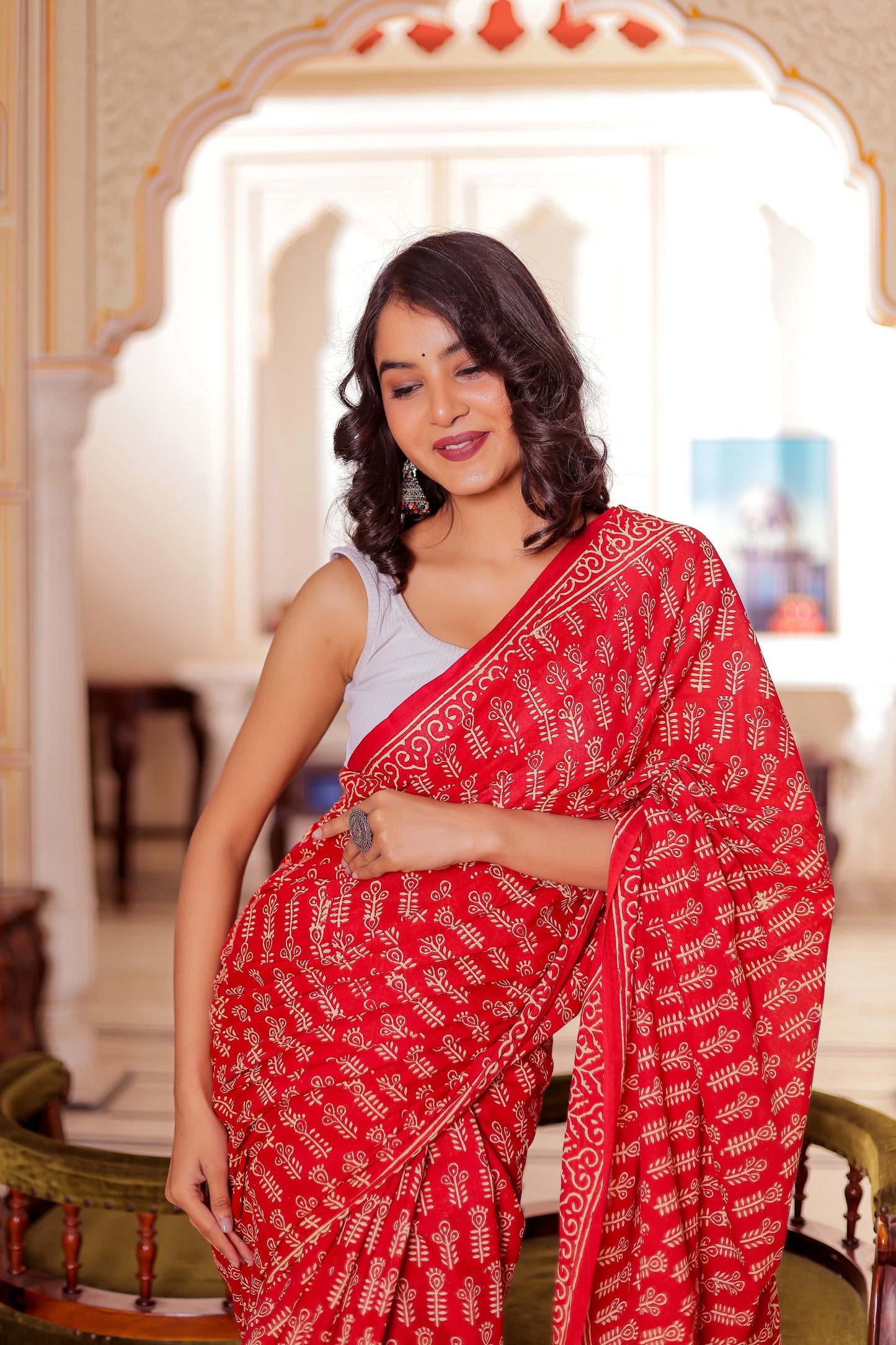 Red Booti Block Print Pure Cotton Saree
