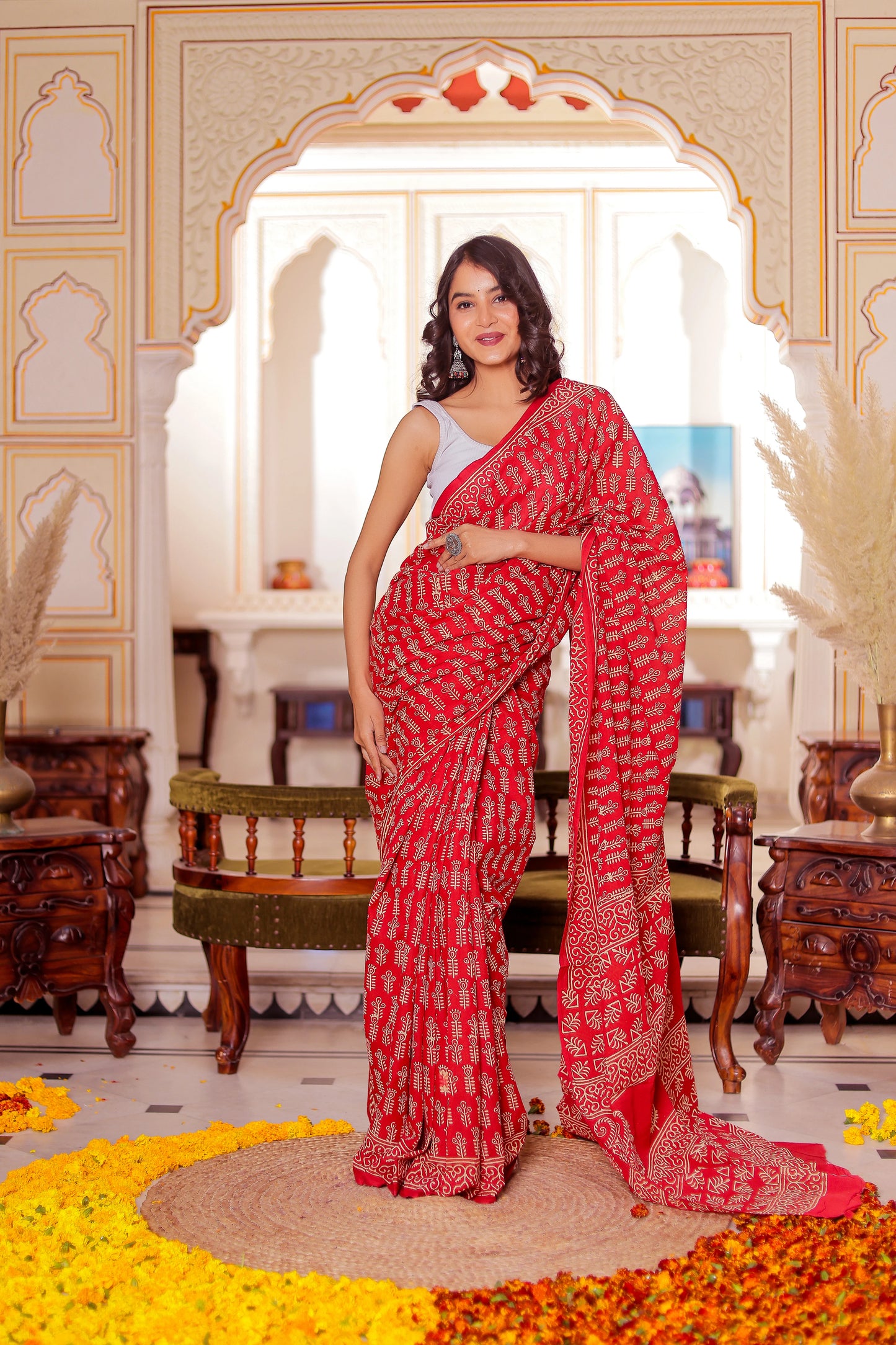 Red Booti Block Print Pure Cotton Saree