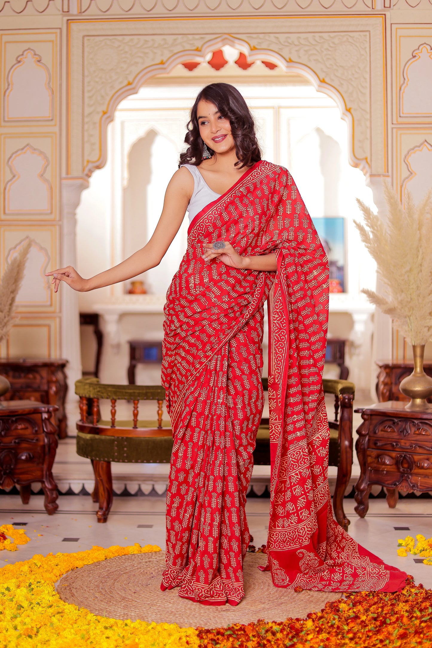 Red Booti Block Print Pure Cotton Saree
