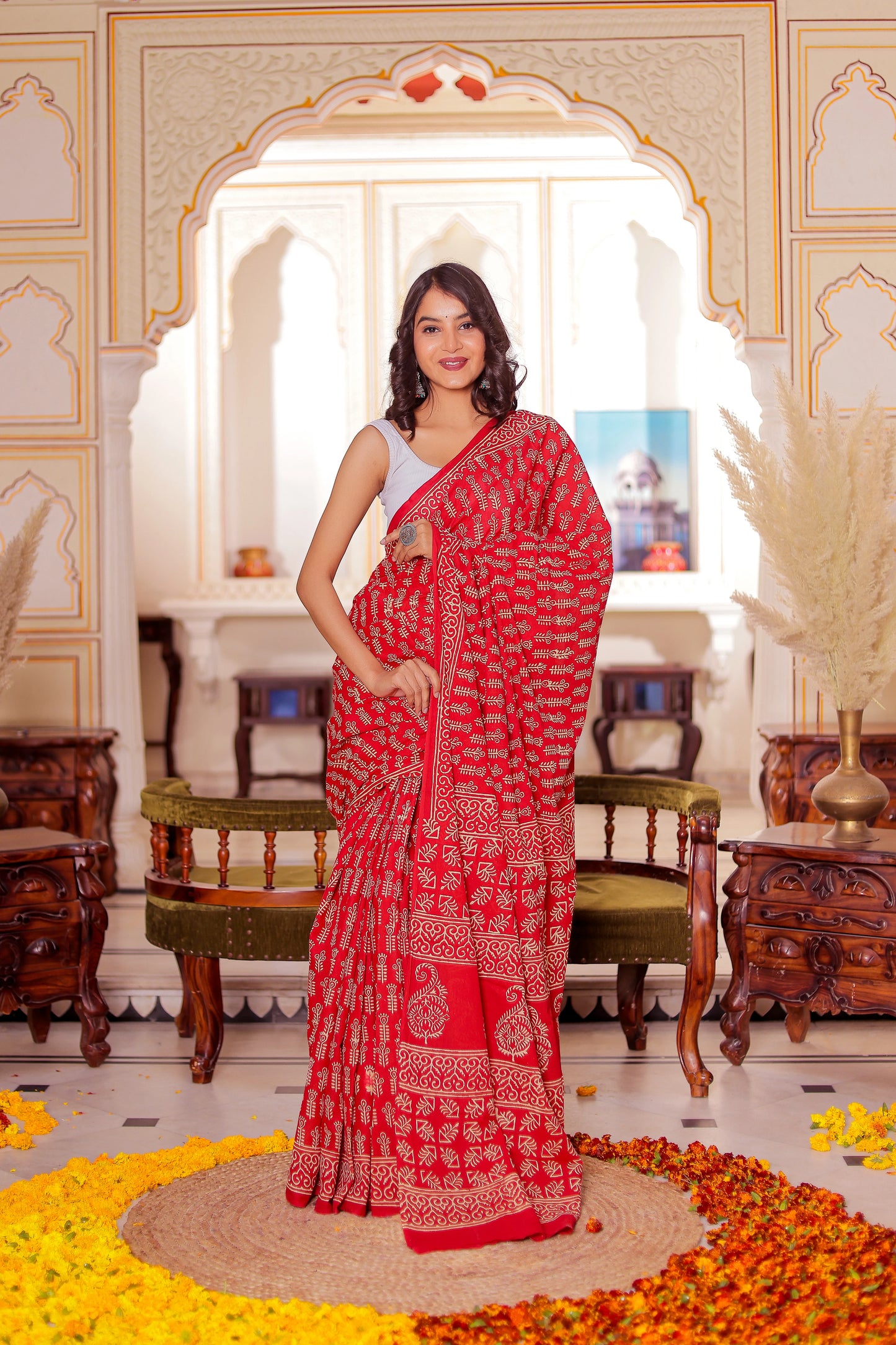 Red Booti Block Print Pure Cotton Saree