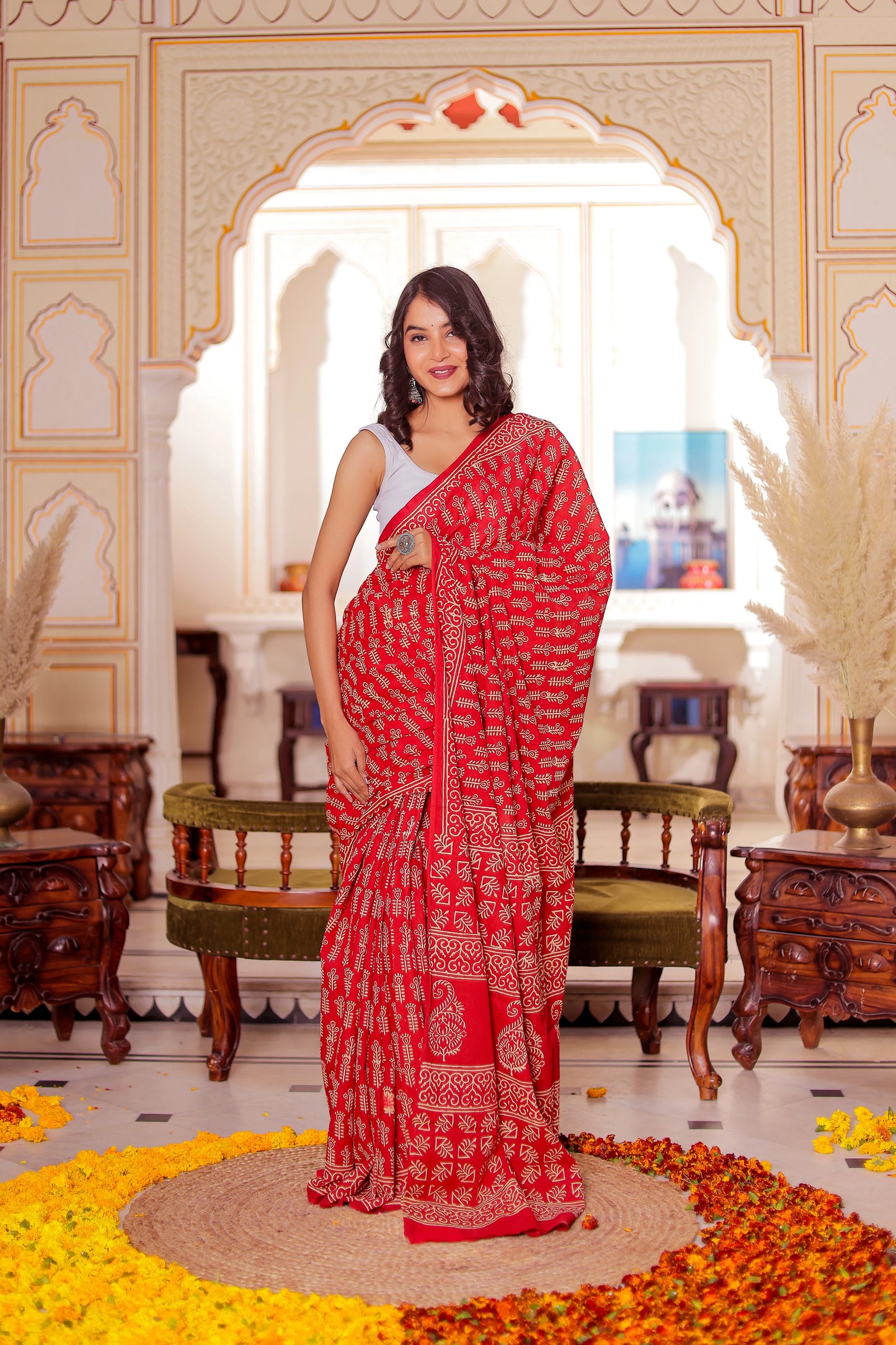 Red Booti Block Print Pure Cotton Saree