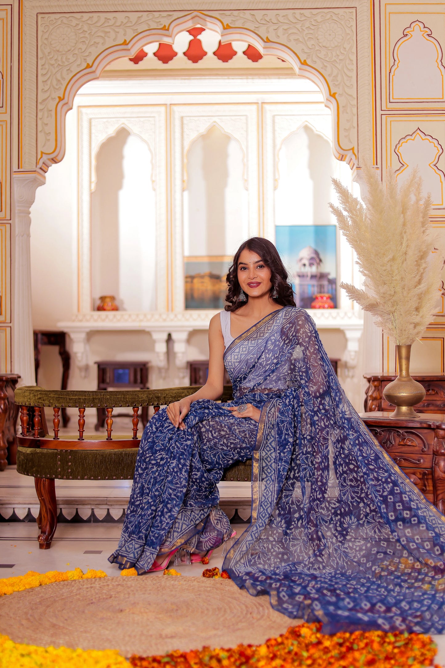 Indigo Jaal Pure Kota Doria Hand Block Printed Saree