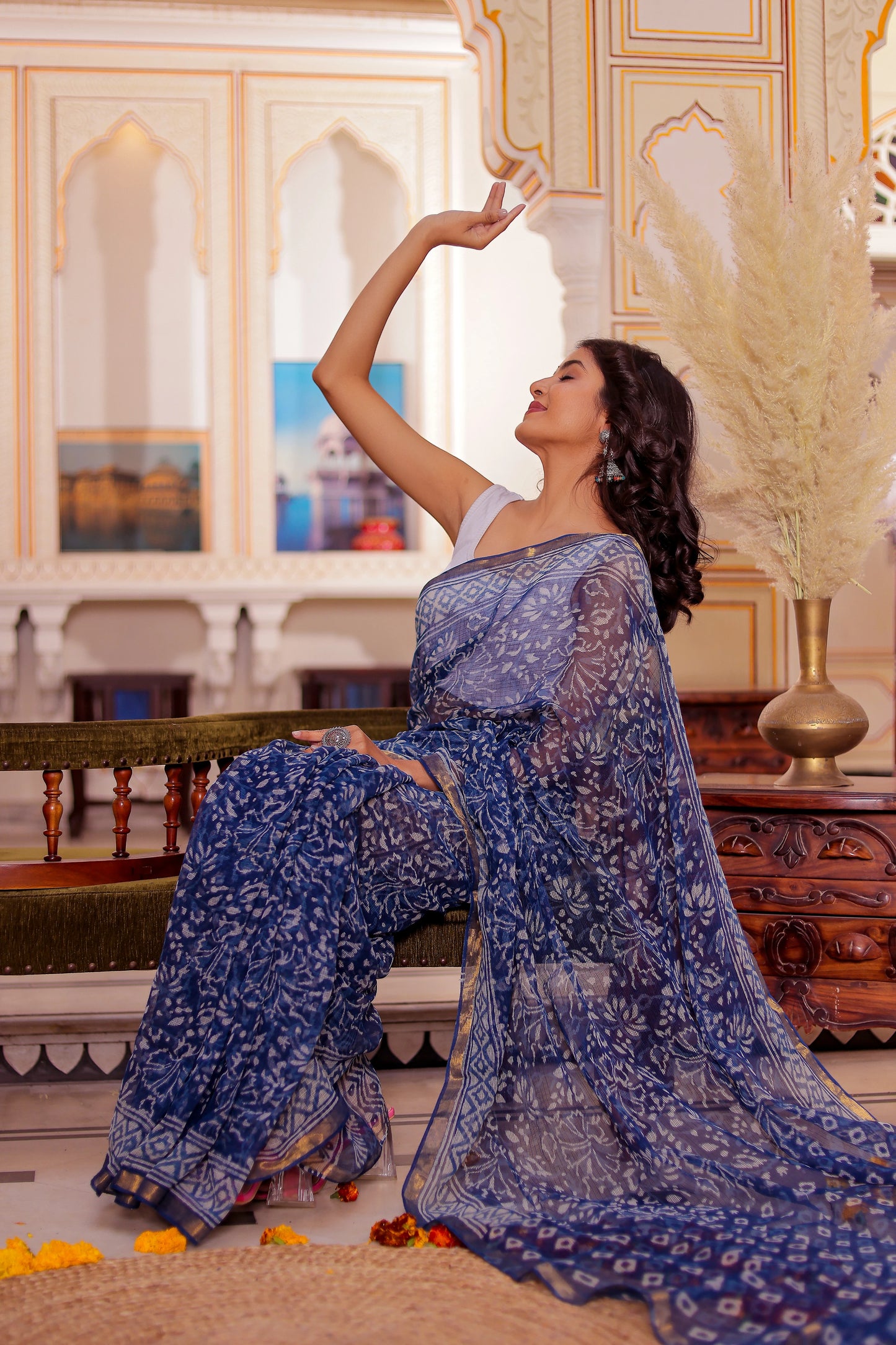 Indigo Jaal Pure Kota Doria Hand Block Printed Saree