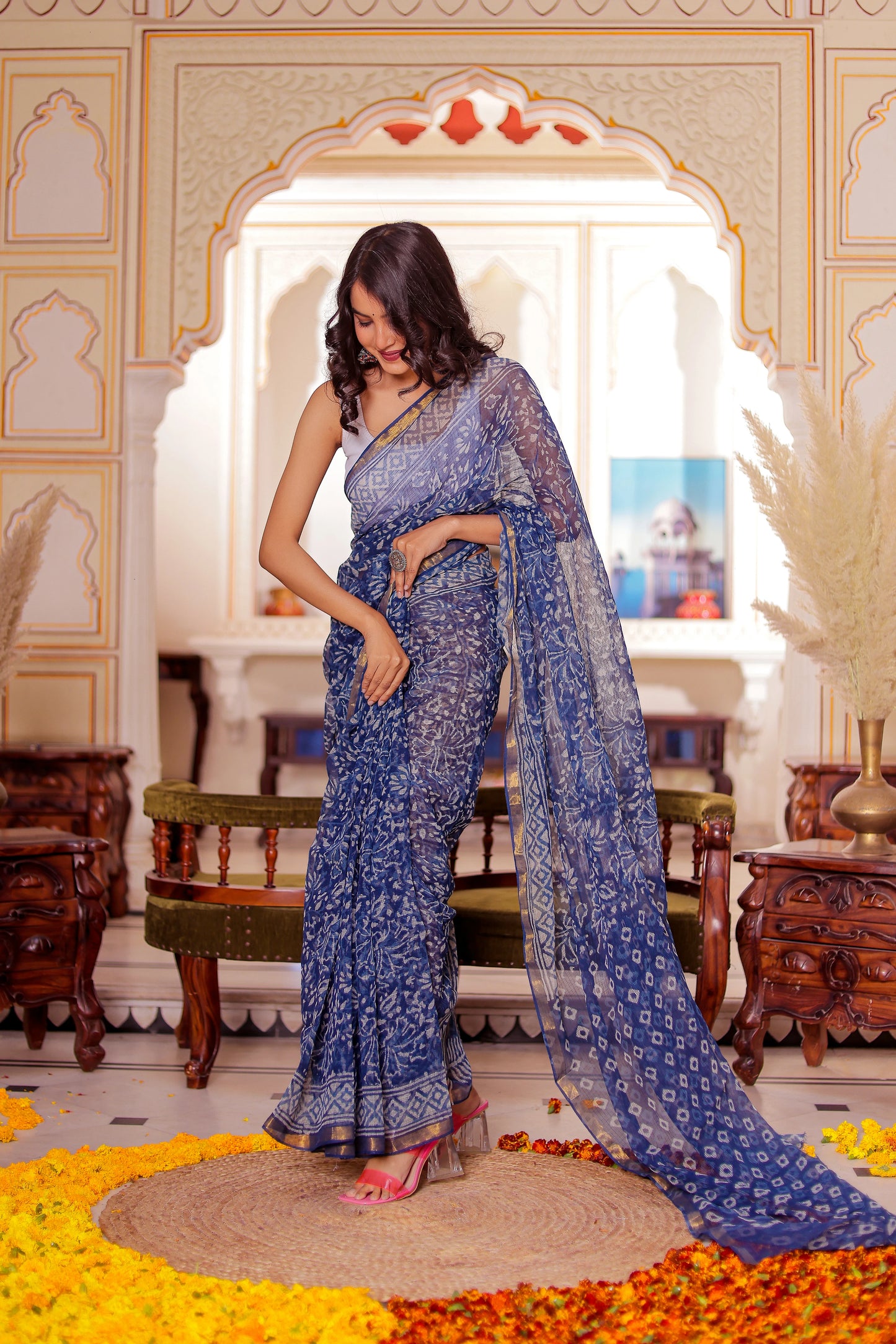 Indigo Jaal Pure Kota Doria Hand Block Printed Saree