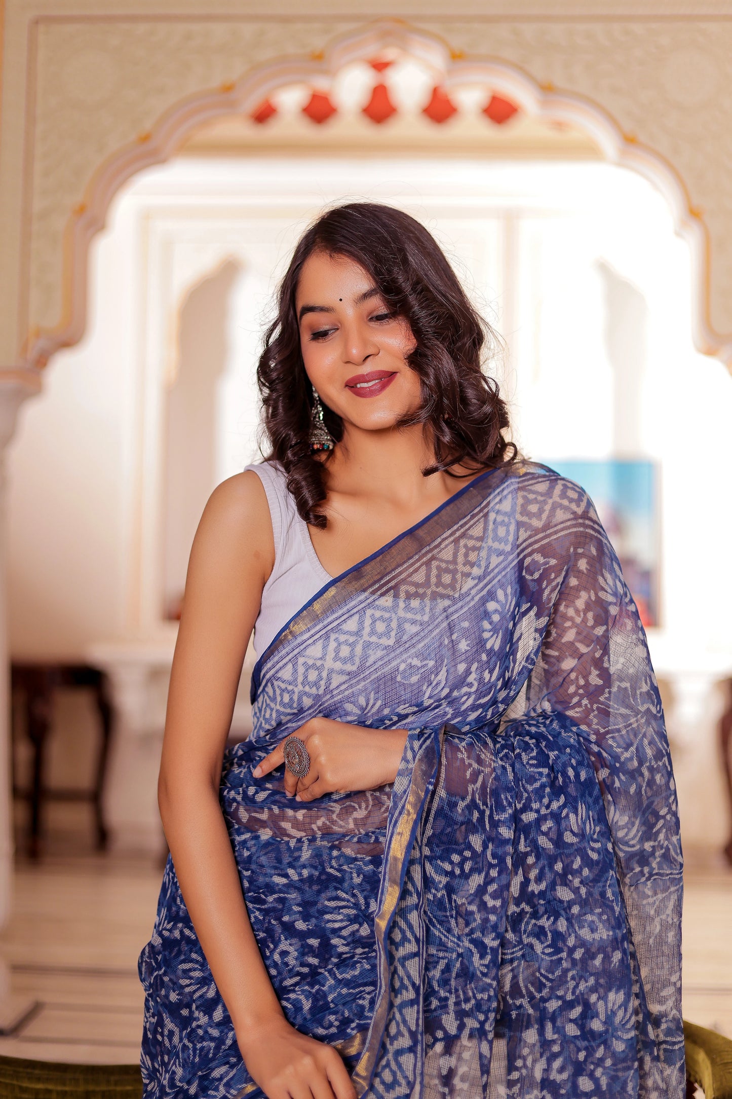 Indigo Jaal Pure Kota Doria Hand Block Printed Saree