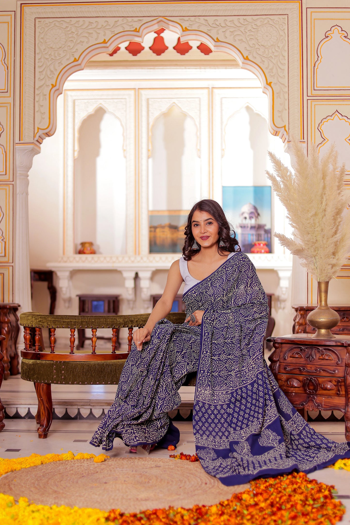 Navy blue jaal Block Print Pure Cotton Saree