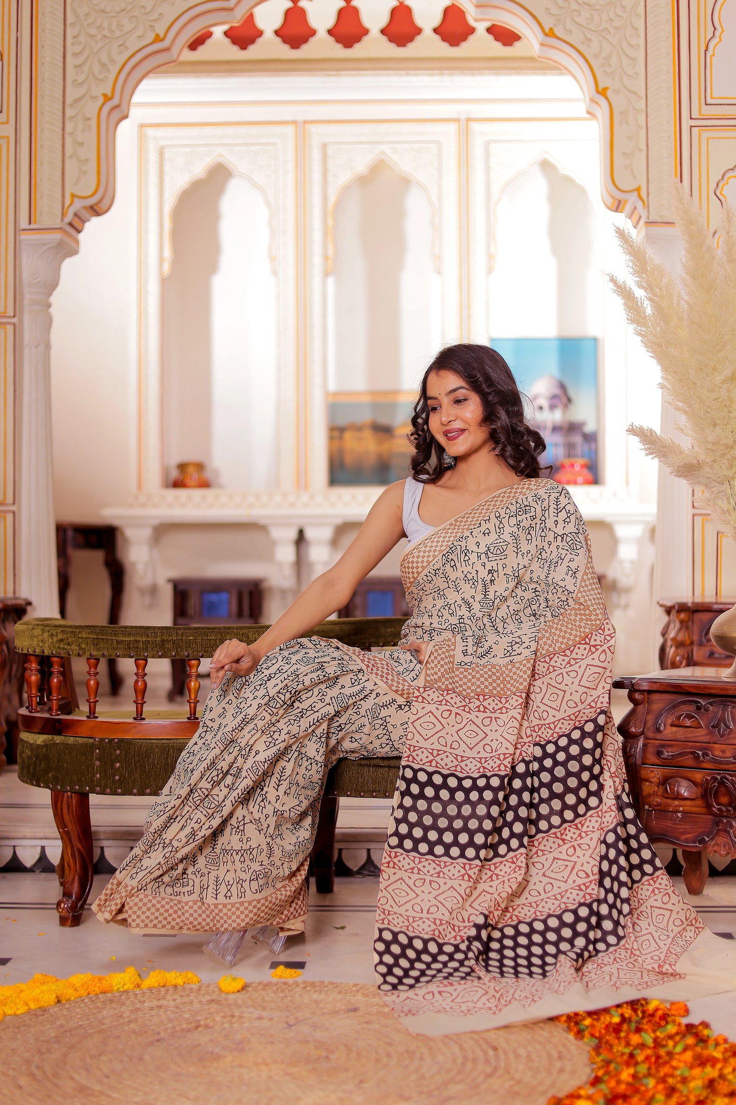 Varli (Animal) Print Bagru HandBlock Pure Cotton Saree