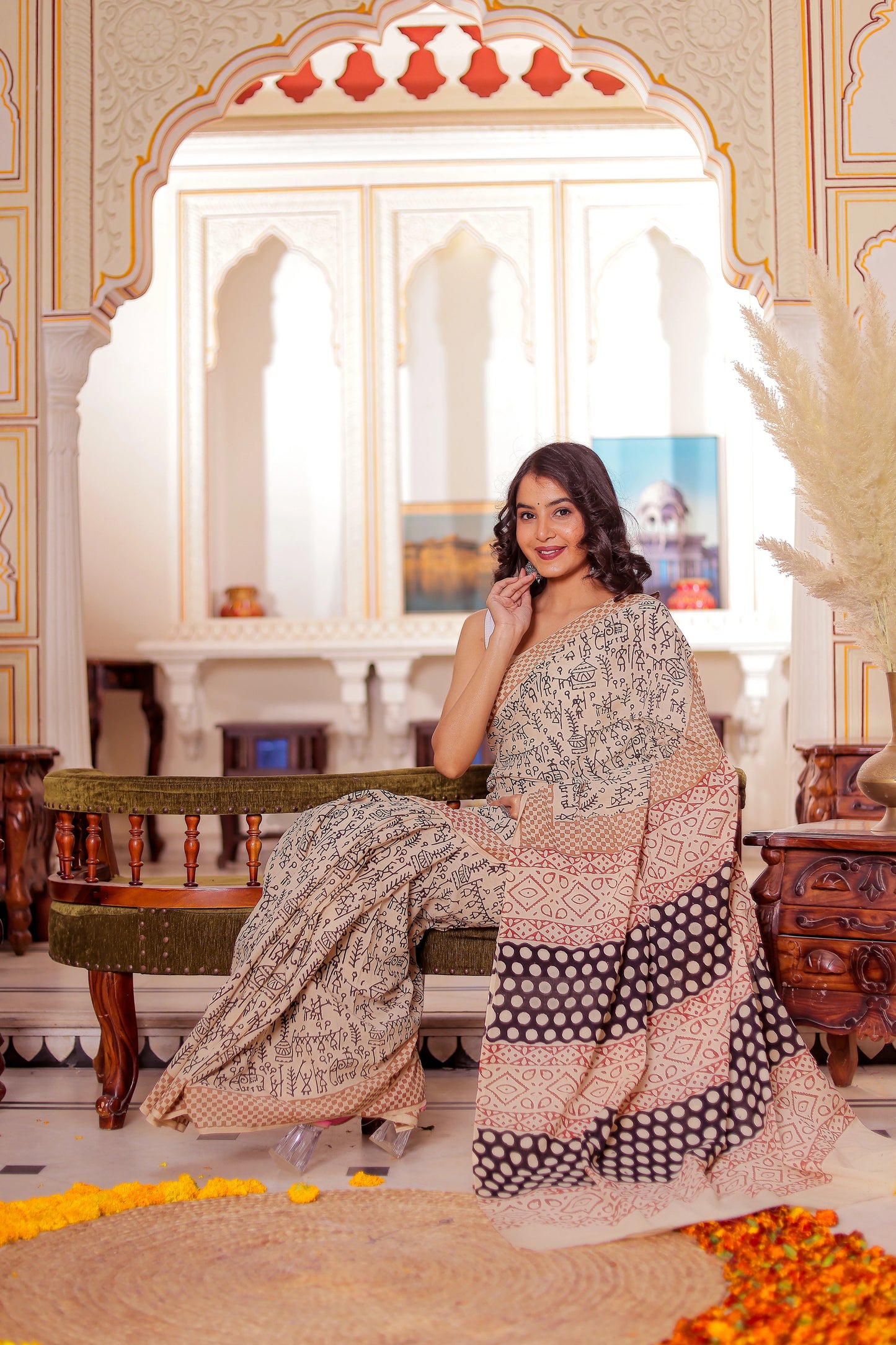 Varli (Animal) Print Bagru HandBlock Pure Cotton Saree