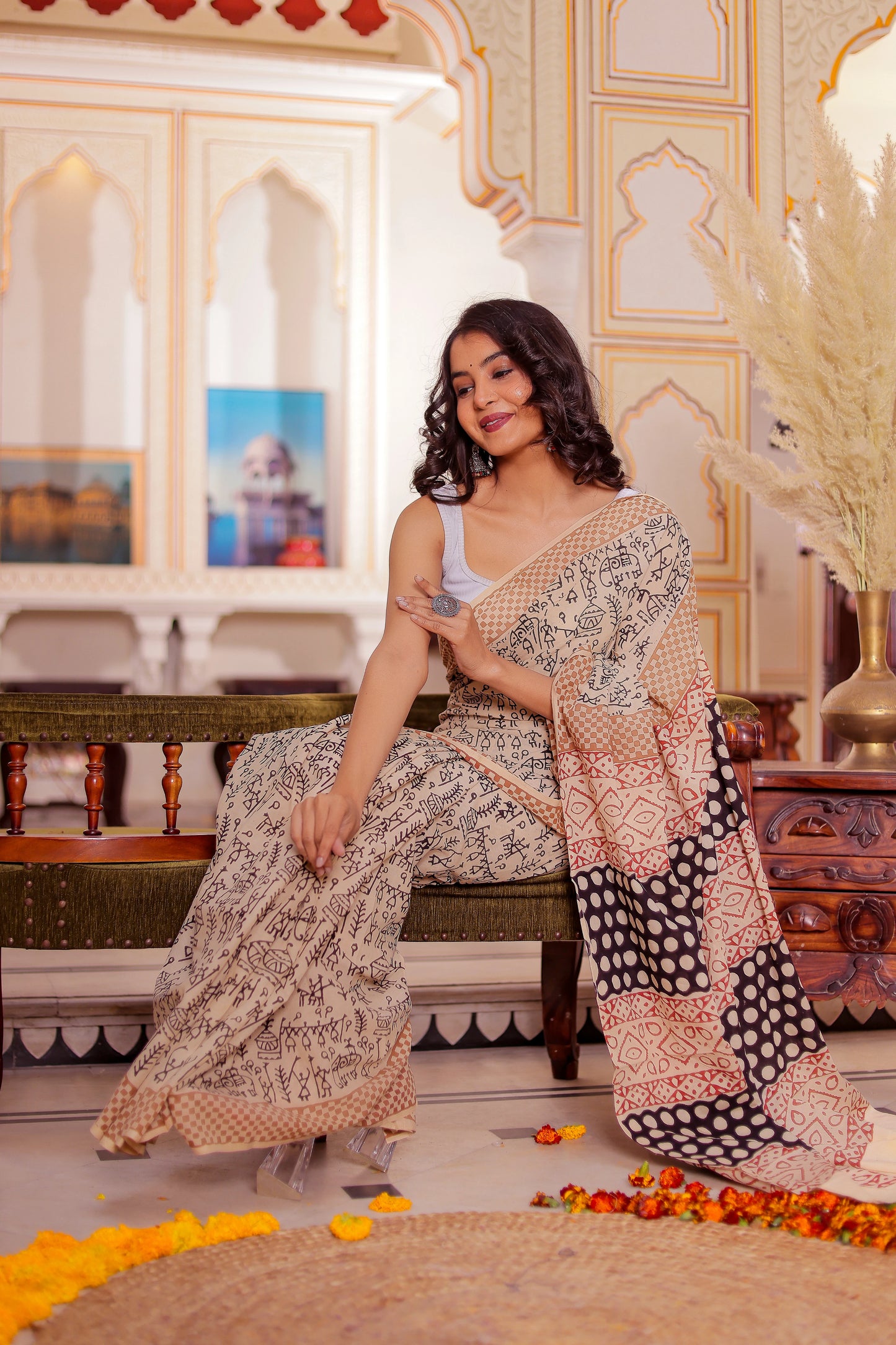 Varli (Animal) Print Bagru HandBlock Pure Cotton Saree