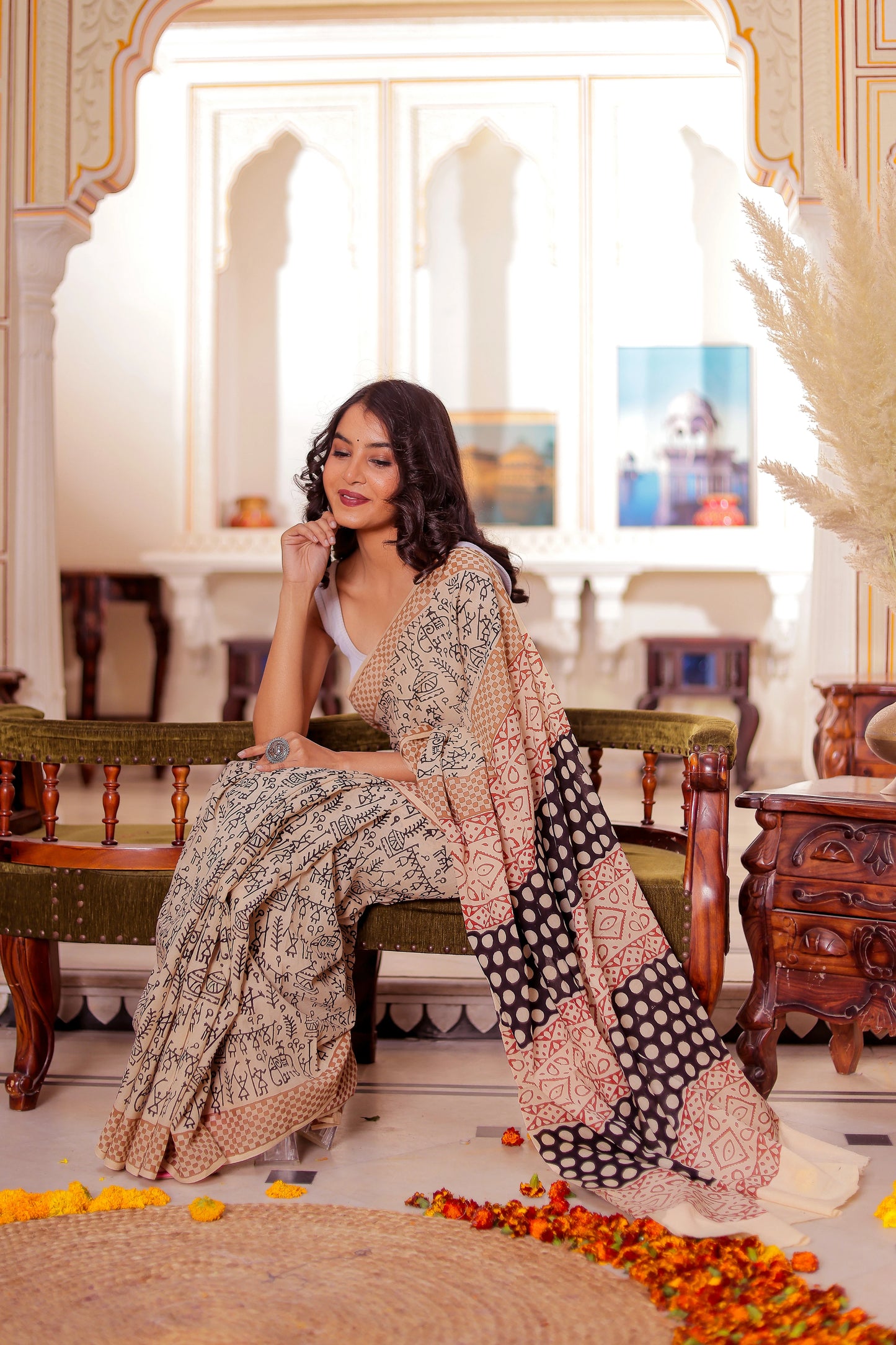 Varli (Animal) Print Bagru HandBlock Pure Cotton Saree