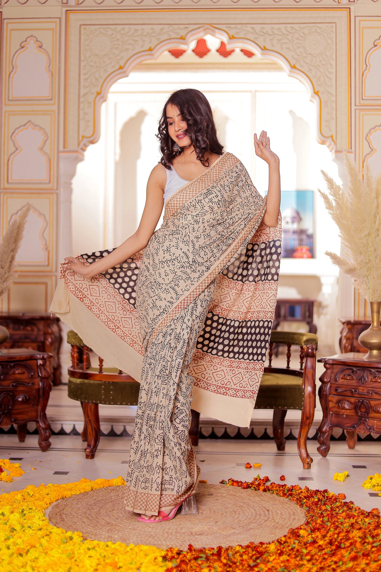 Varli (Animal) Print Bagru HandBlock Pure Cotton Saree