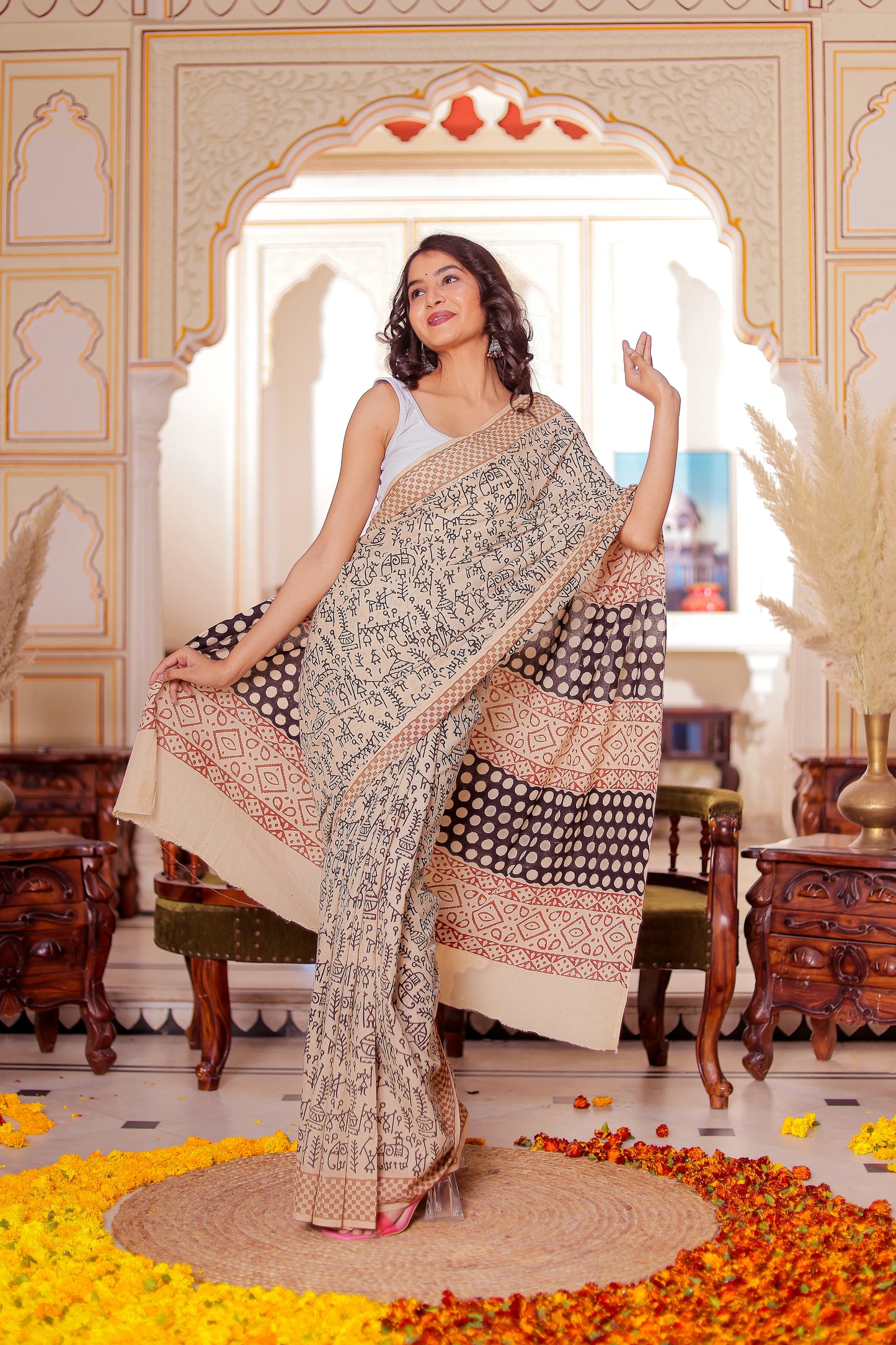 Varli (Animal) Print Bagru HandBlock Pure Cotton Saree