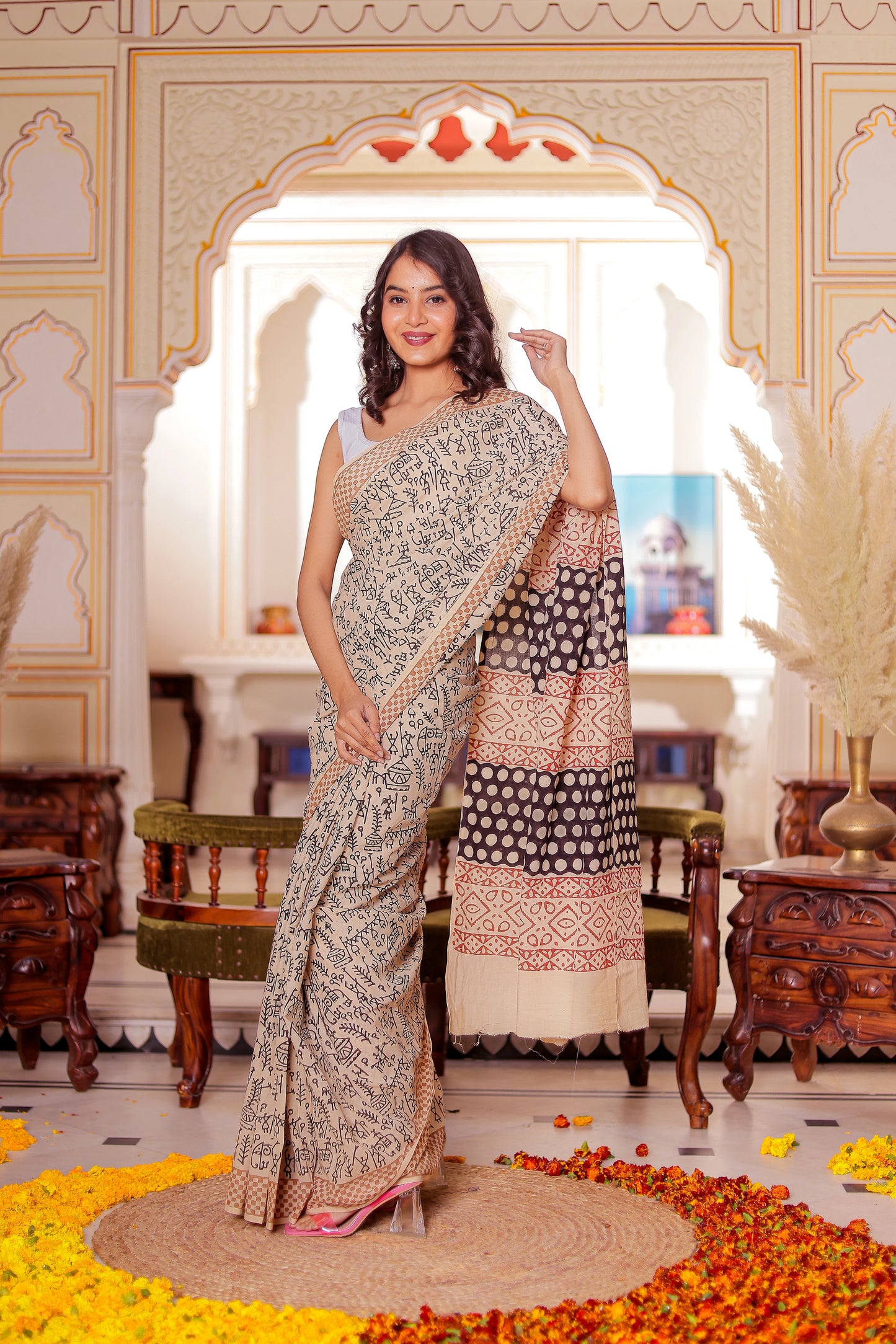 Varli (Animal) Print Bagru HandBlock Pure Cotton Saree